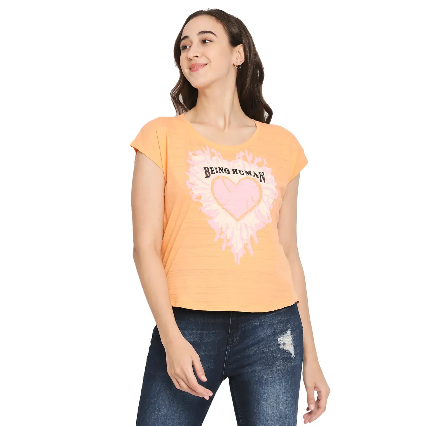 Orange Easy Fit Round Neck Short Sleeves Cotton Women's T-Shirt by Being Human Clothing