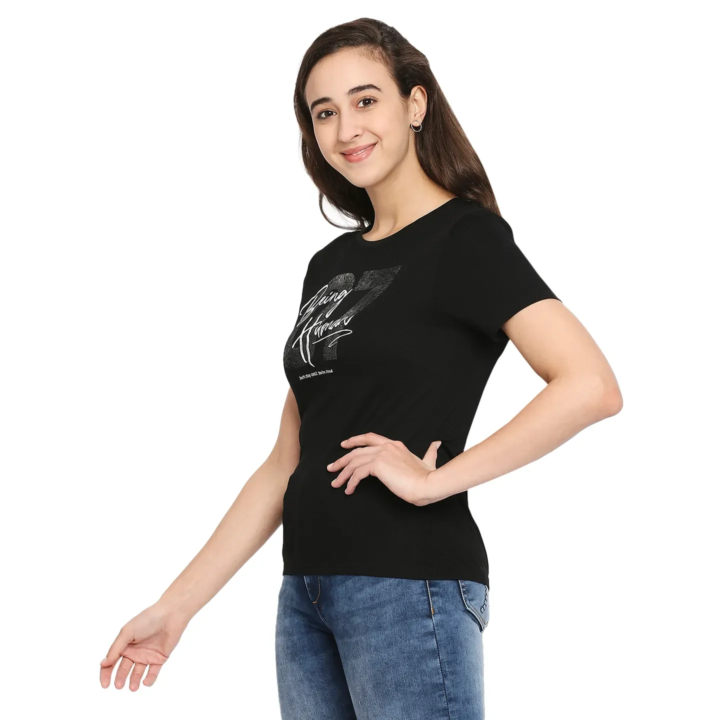 Black Easy Fit Round Neck Short Sleeves Modal Women's T-Shirt by Being Human Clothing - Image 2