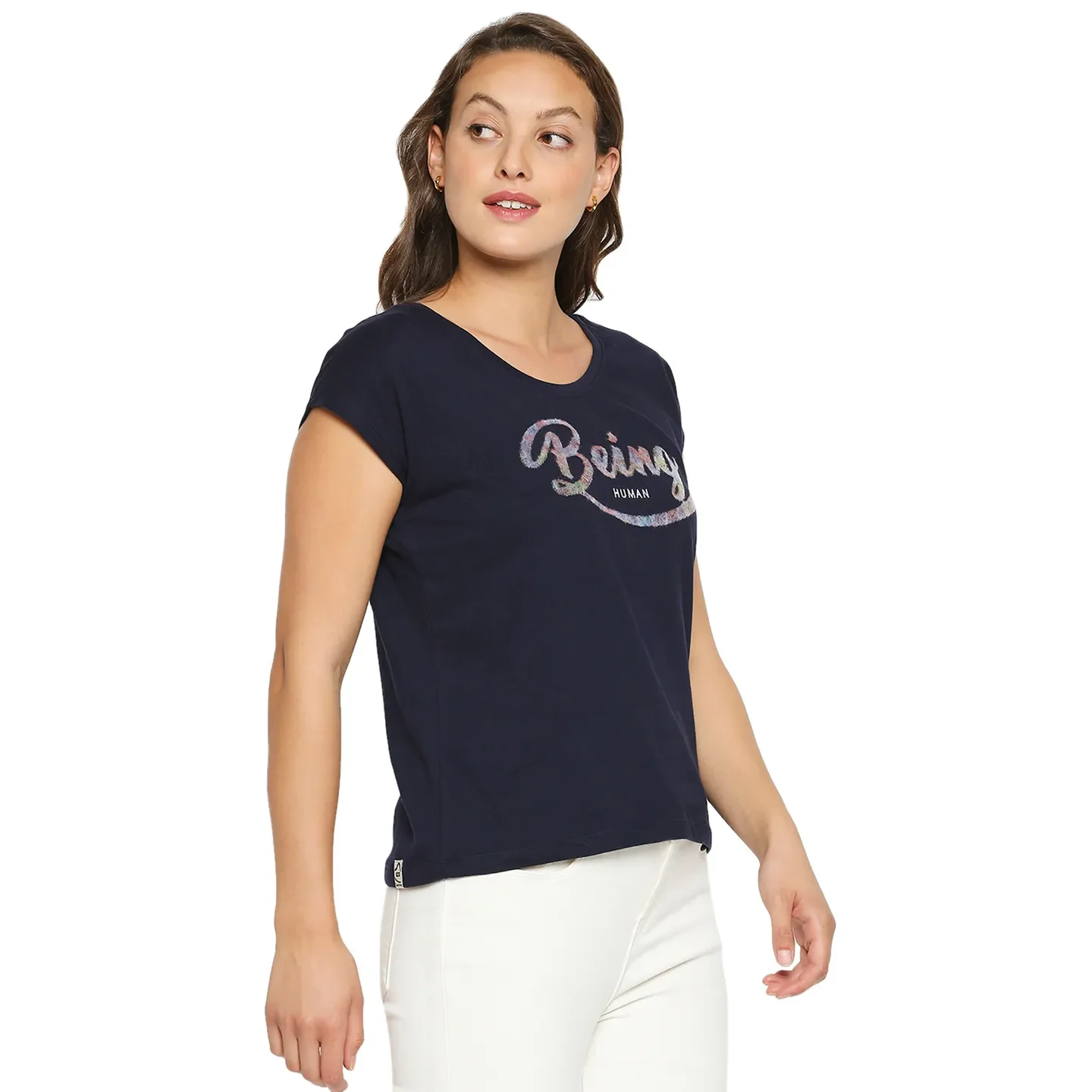 Blue Easy Fit Round Neck Extended Sleeves Cotton Women's T-Shirt by Being Human Clothing - Image 2