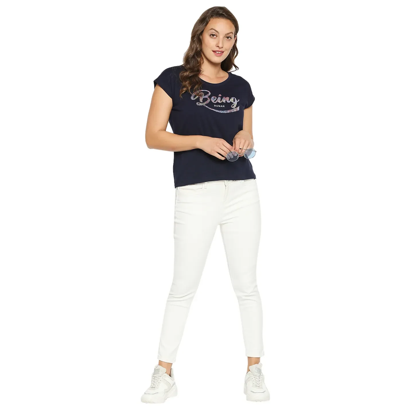 Blue Easy Fit Round Neck Extended Sleeves Cotton Women's T-Shirt by Being Human Clothing - Image 5