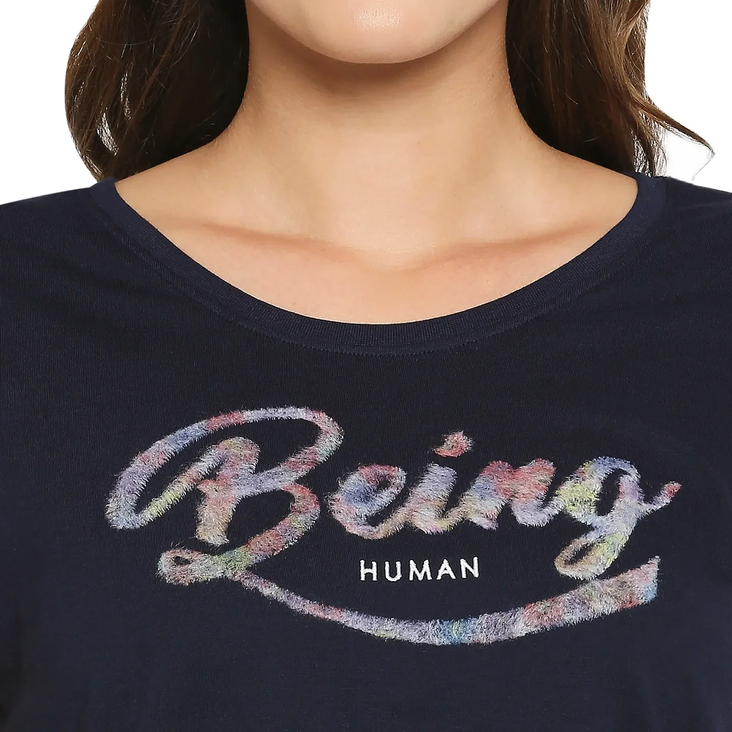 Blue Easy Fit Round Neck Extended Sleeves Cotton Women's T-Shirt by Being Human Clothing - Image 6