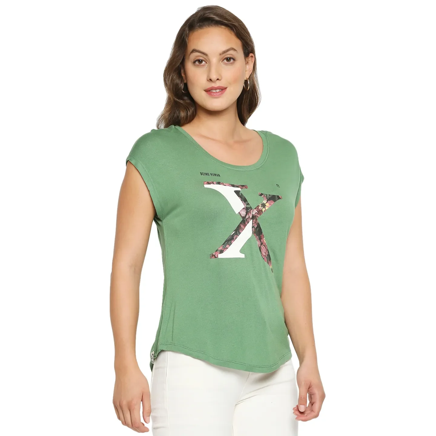 Green Easy Fit Round Neck Extended Sleeves Modal Jersey Women's T-Shirt by Being Human Clothing - Image 3
