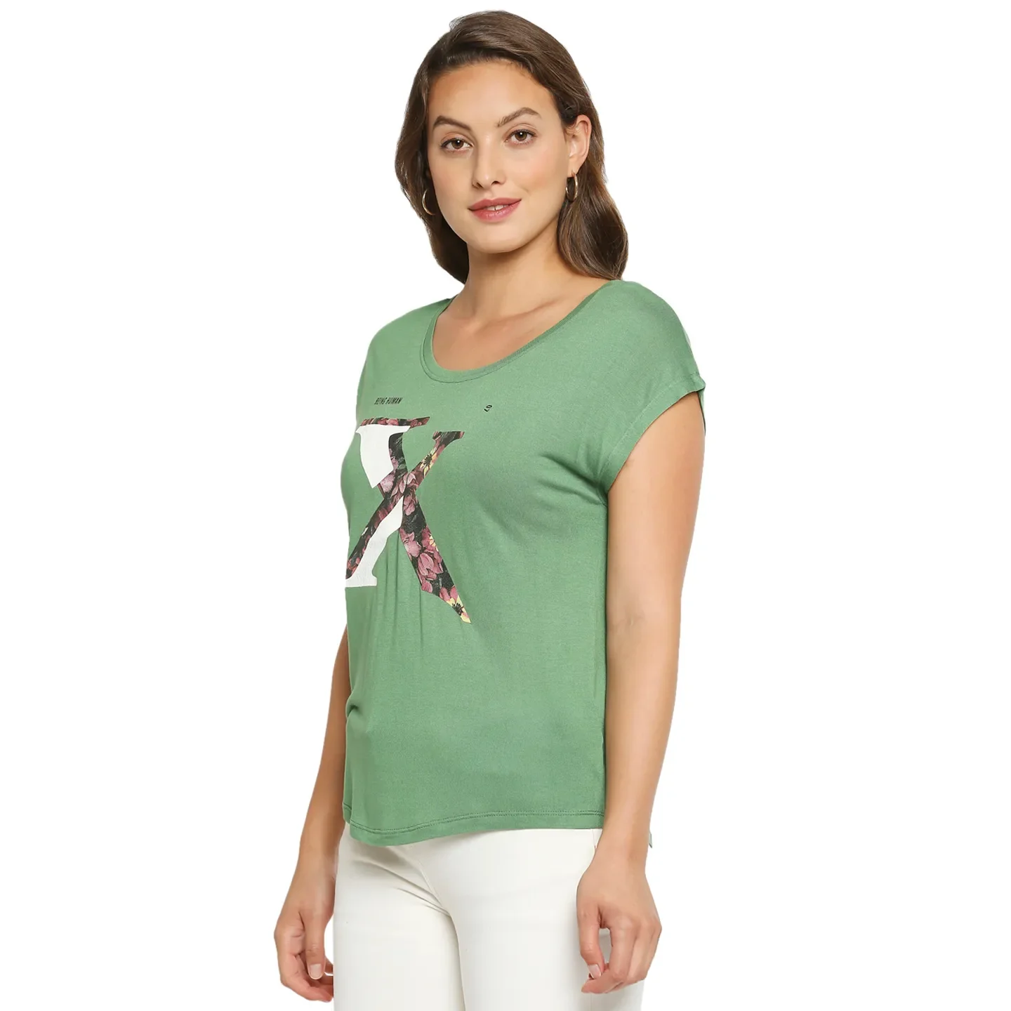 Green Easy Fit Round Neck Extended Sleeves Modal Jersey Women's T-Shirt by Being Human Clothing - Image 6
