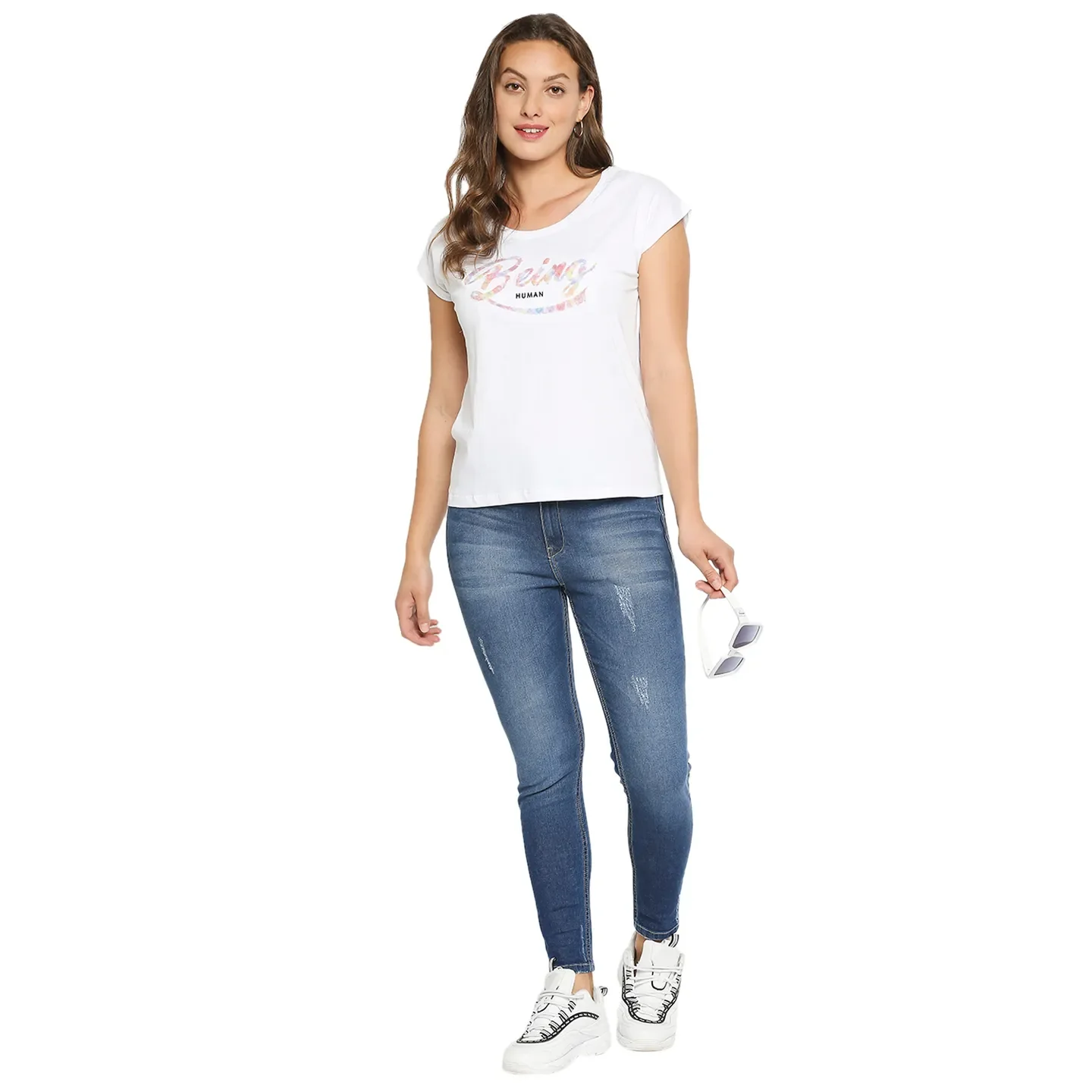 White Easy Fit Round Neck Extended Sleeves Cotton Women's T-Shirt by Being Human Clothing - Image 5