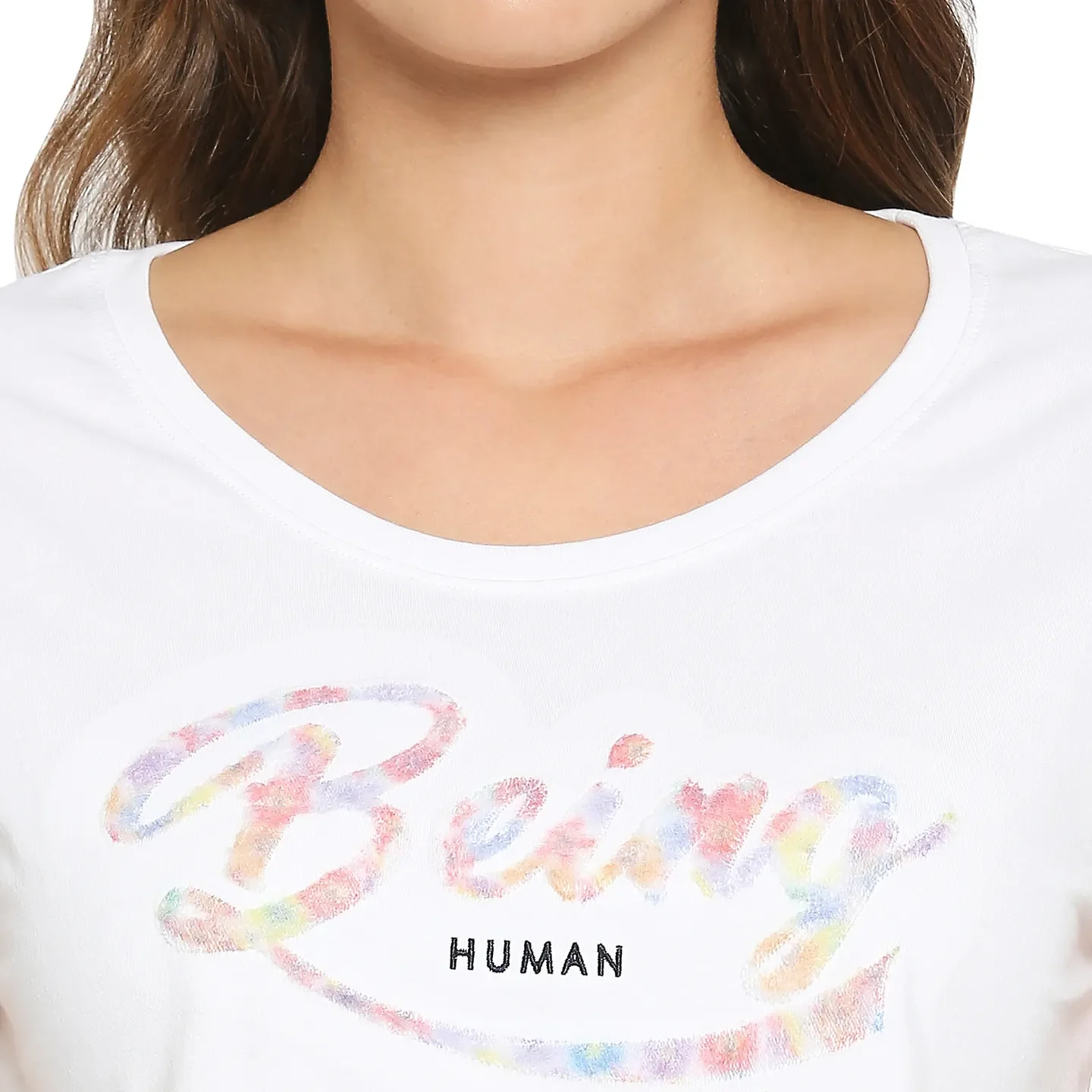 White Easy Fit Round Neck Extended Sleeves Cotton Women's T-Shirt by Being Human Clothing - Image 6