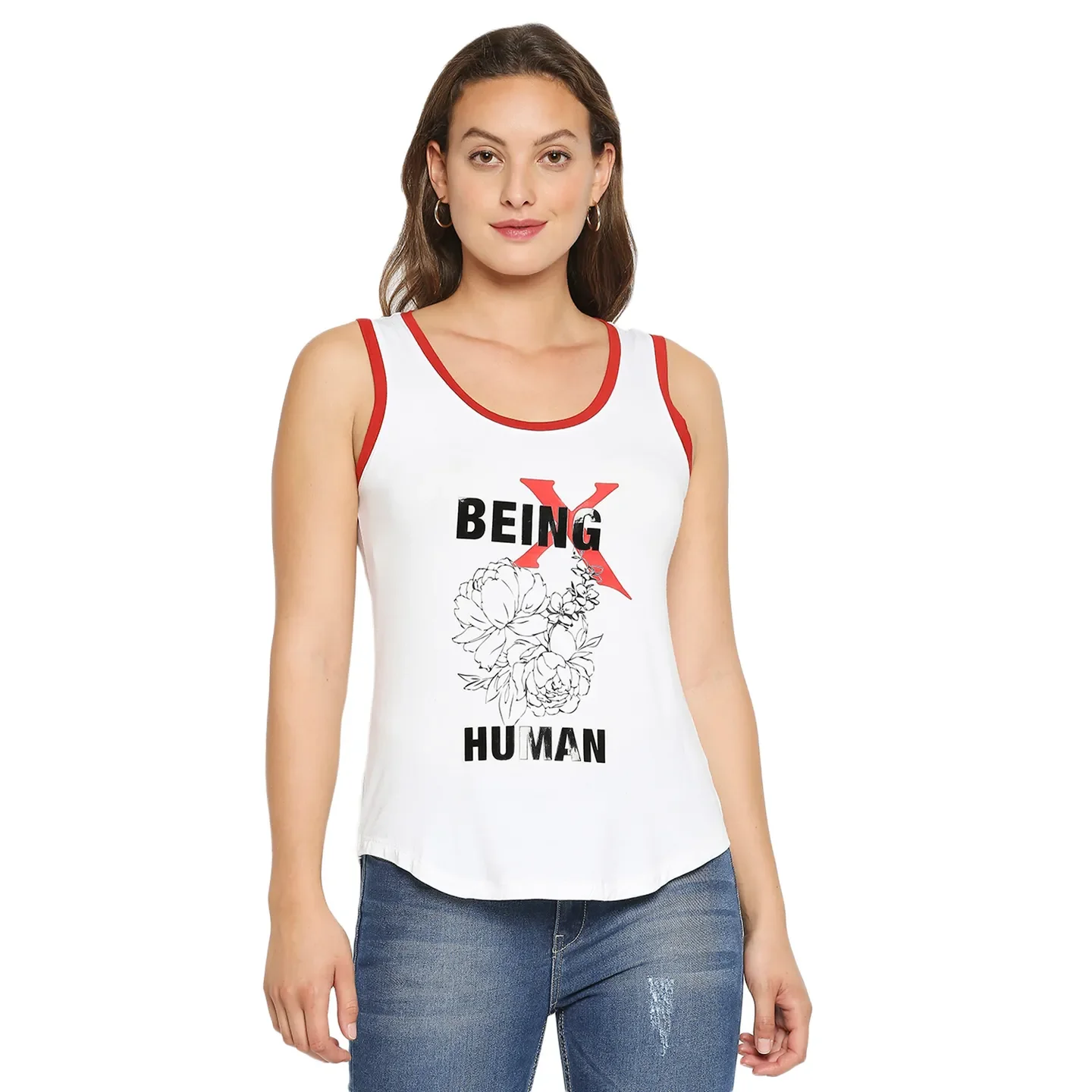 White Easy Fit Round Neck Sleevesles Cotton Women's T-Shirt by Being Human Clothing