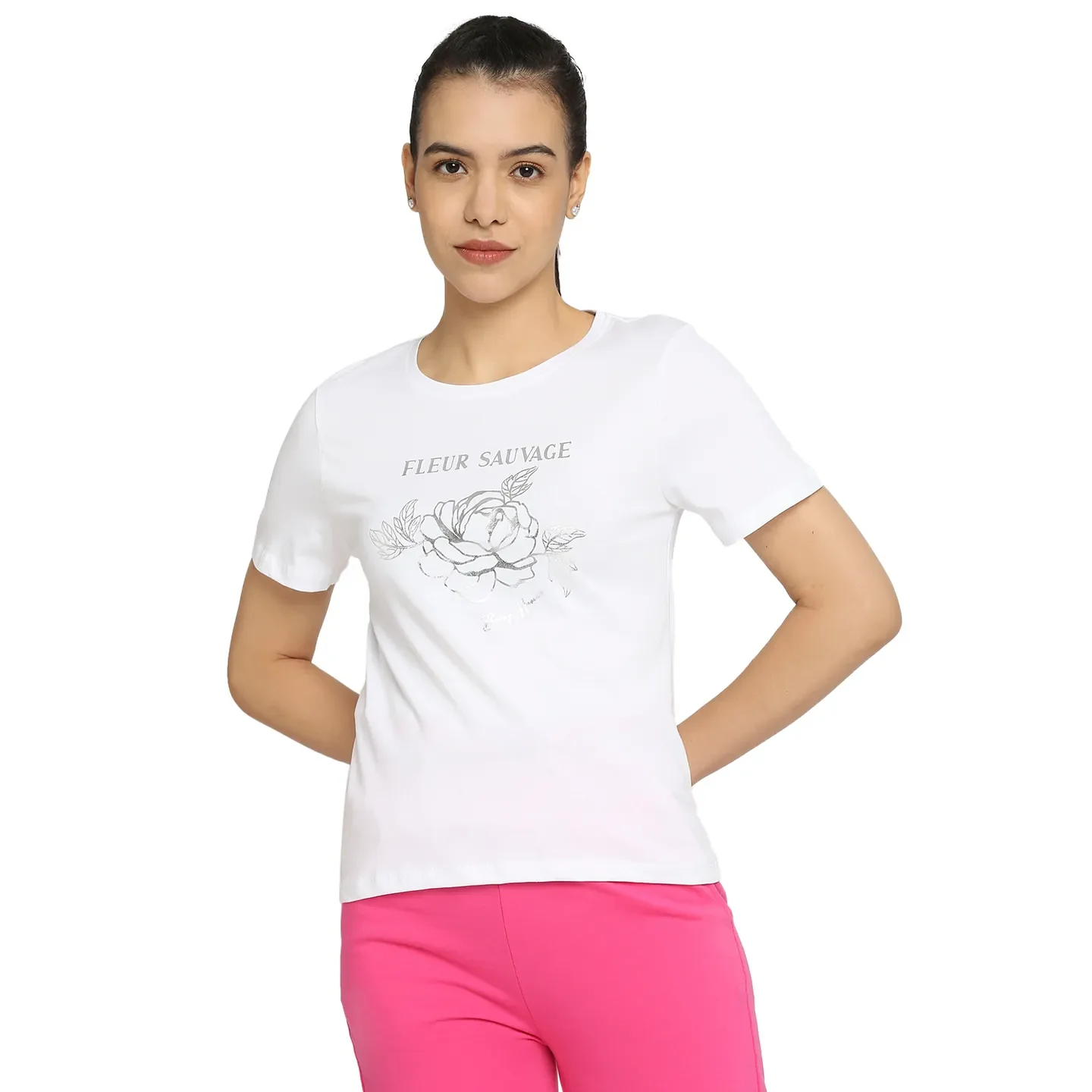White Easy Fit Round Neck Short Sleeves Cotton Women's T-Shirt by Being Human Clothing