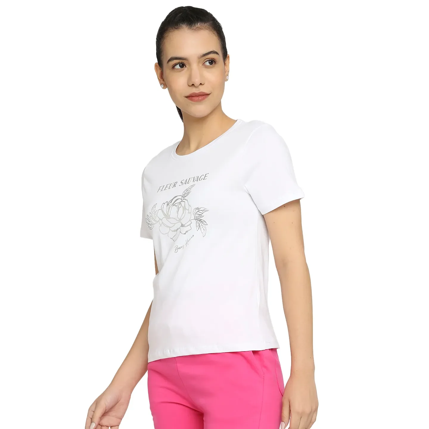 White Easy Fit Round Neck Short Sleeves Cotton Women's T-Shirt by Being Human Clothing - Image 2
