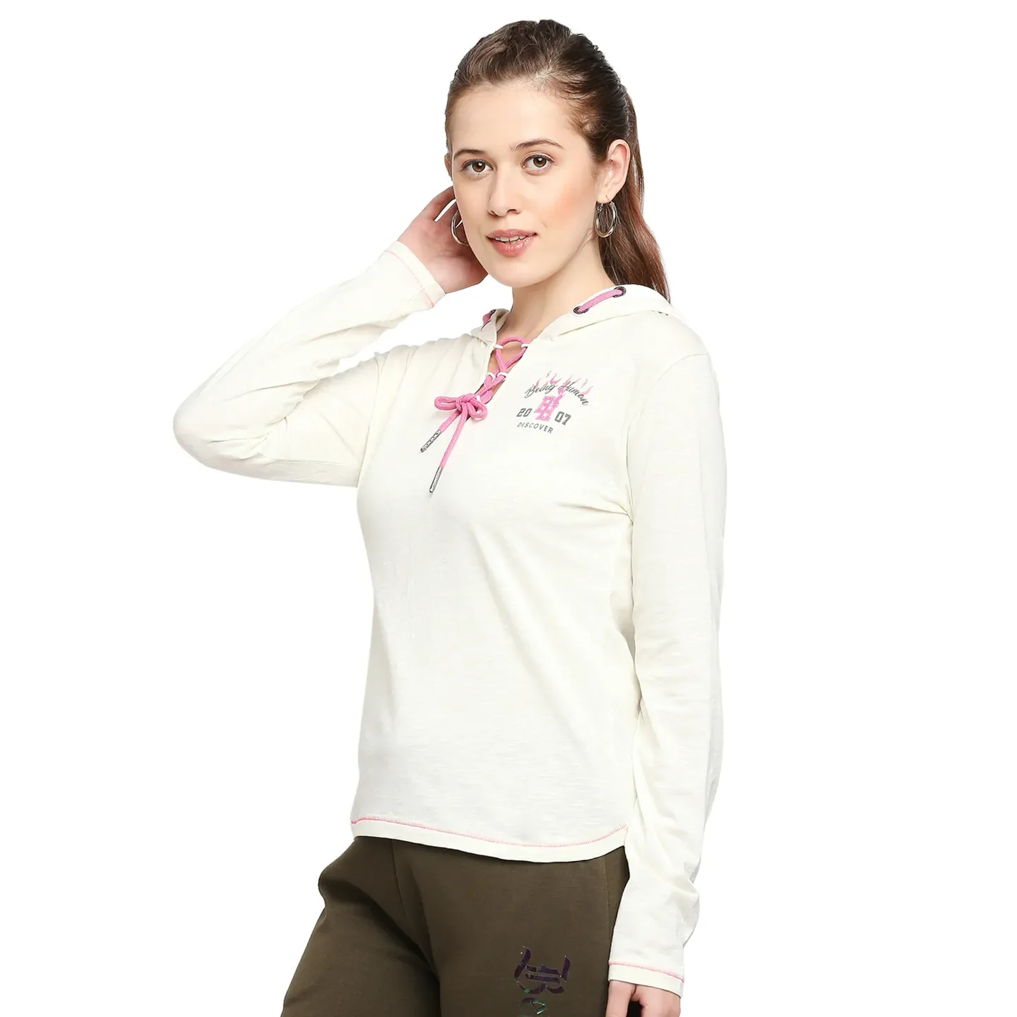 White Easy Fit  Long Sleeves Cotton Women's T-Shirt by Being Human Clothing - Image 2