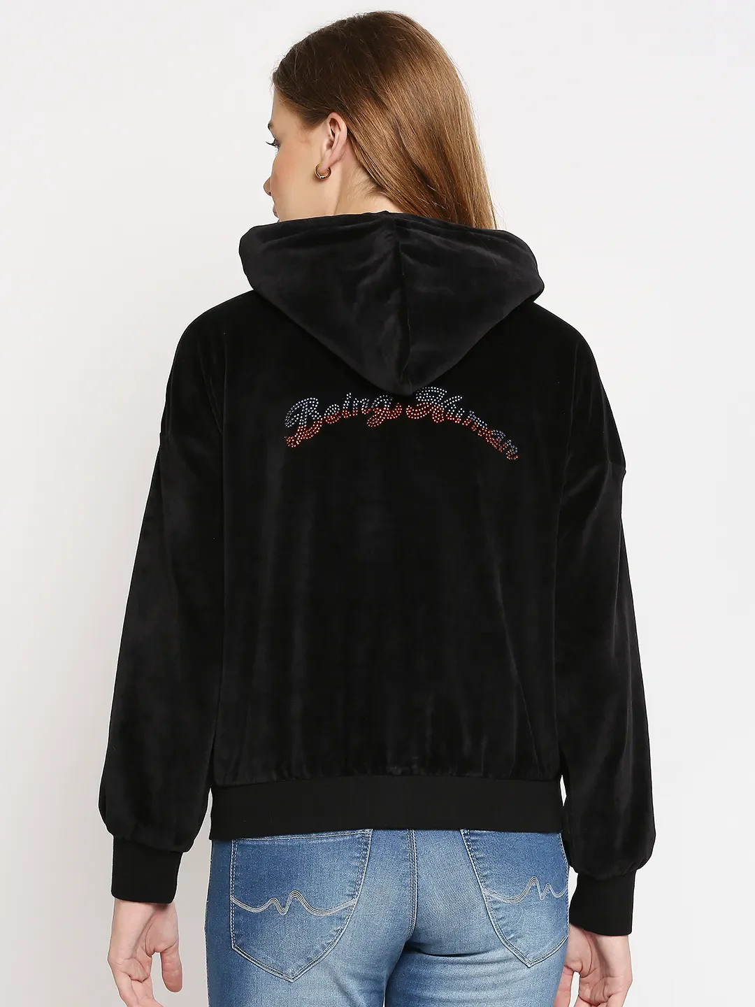 Black Semi Fit  Long Sleeves Cotton Women's Hoodie by Being Human Clothing - Image 4