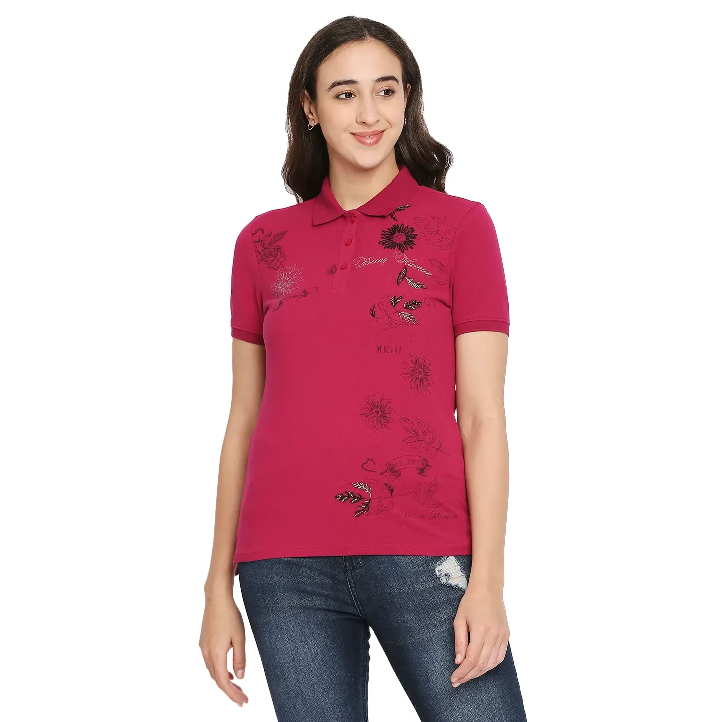 Fuchsia Semi Fit Women's Cotton Polo T-Shirt By Being Human Clothing