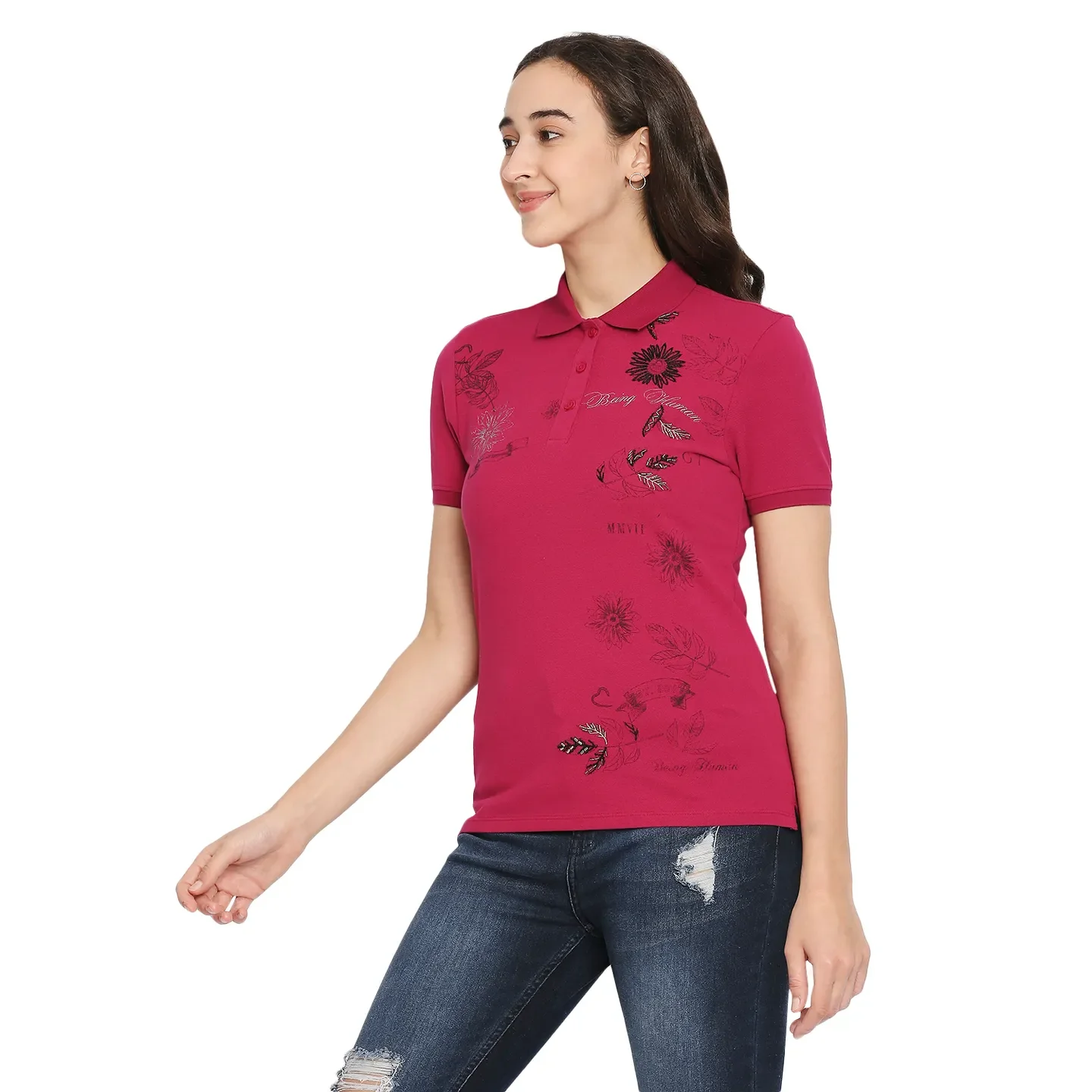 Fuchsia Semi Fit Women's Cotton Polo T-Shirt By Being Human Clothing - Image 2