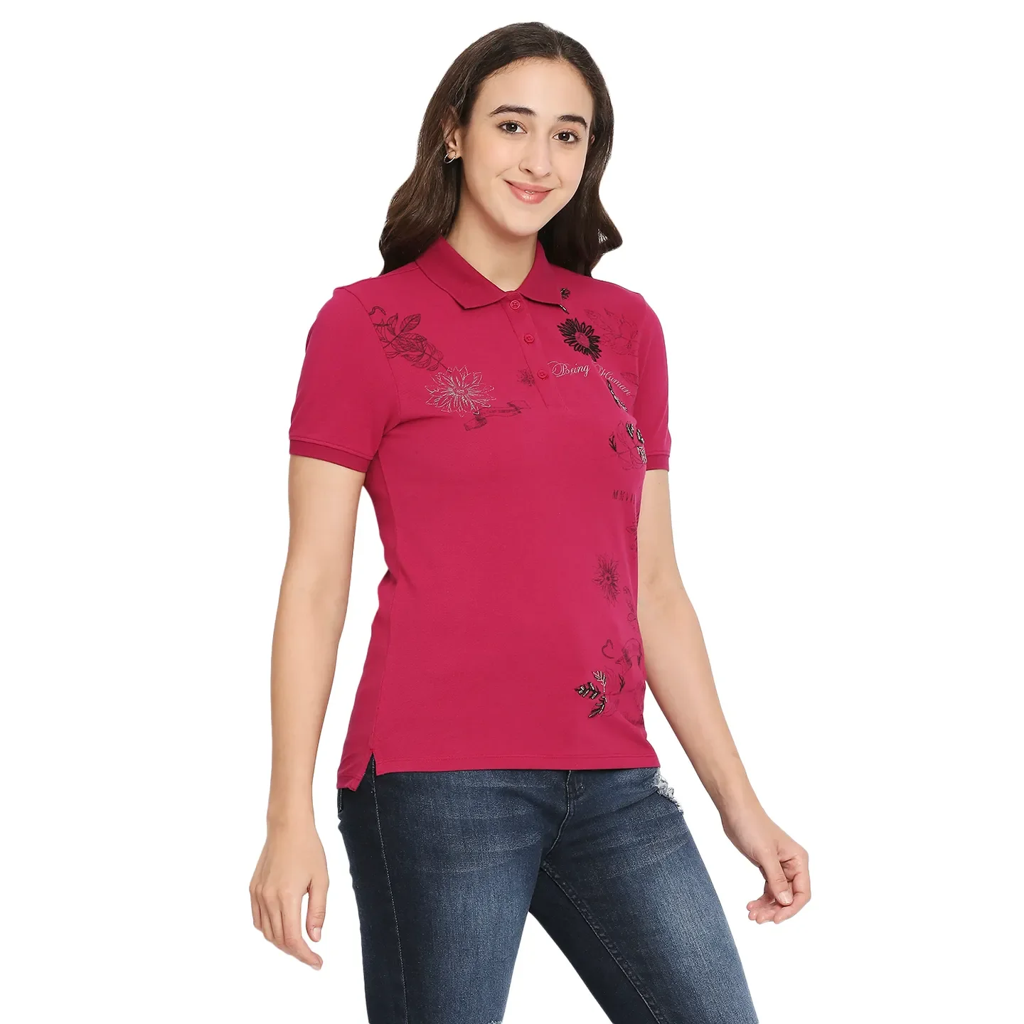 Fuchsia Semi Fit Women's Cotton Polo T-Shirt By Being Human Clothing - Image 3