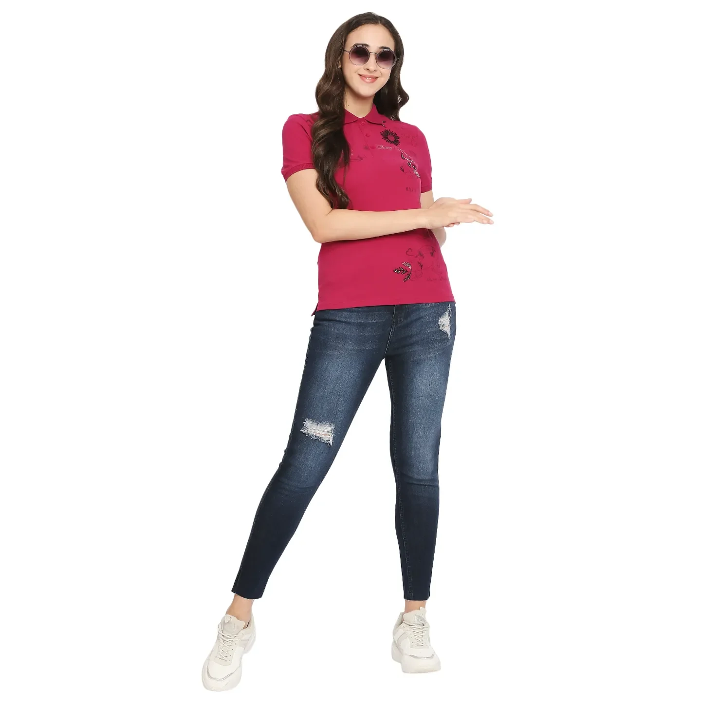 Fuchsia Semi Fit Women's Cotton Polo T-Shirt By Being Human Clothing - Image 6