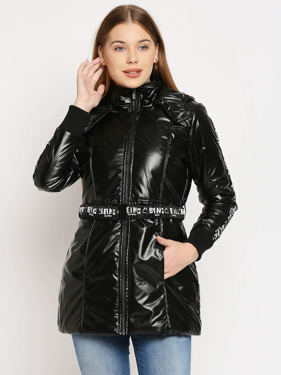 Black Regular Fit Long Sleeves Pu Women's Jacket by Being Human Clothing