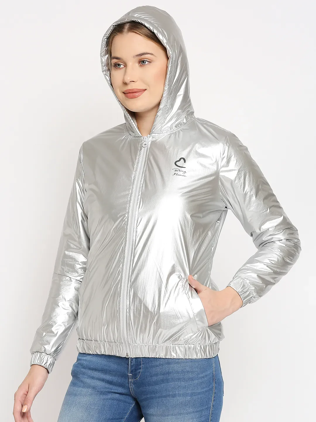 Silver Regular Fit Long Sleeves Polyester Women's Jacket by Being Human Clothing - Image 2