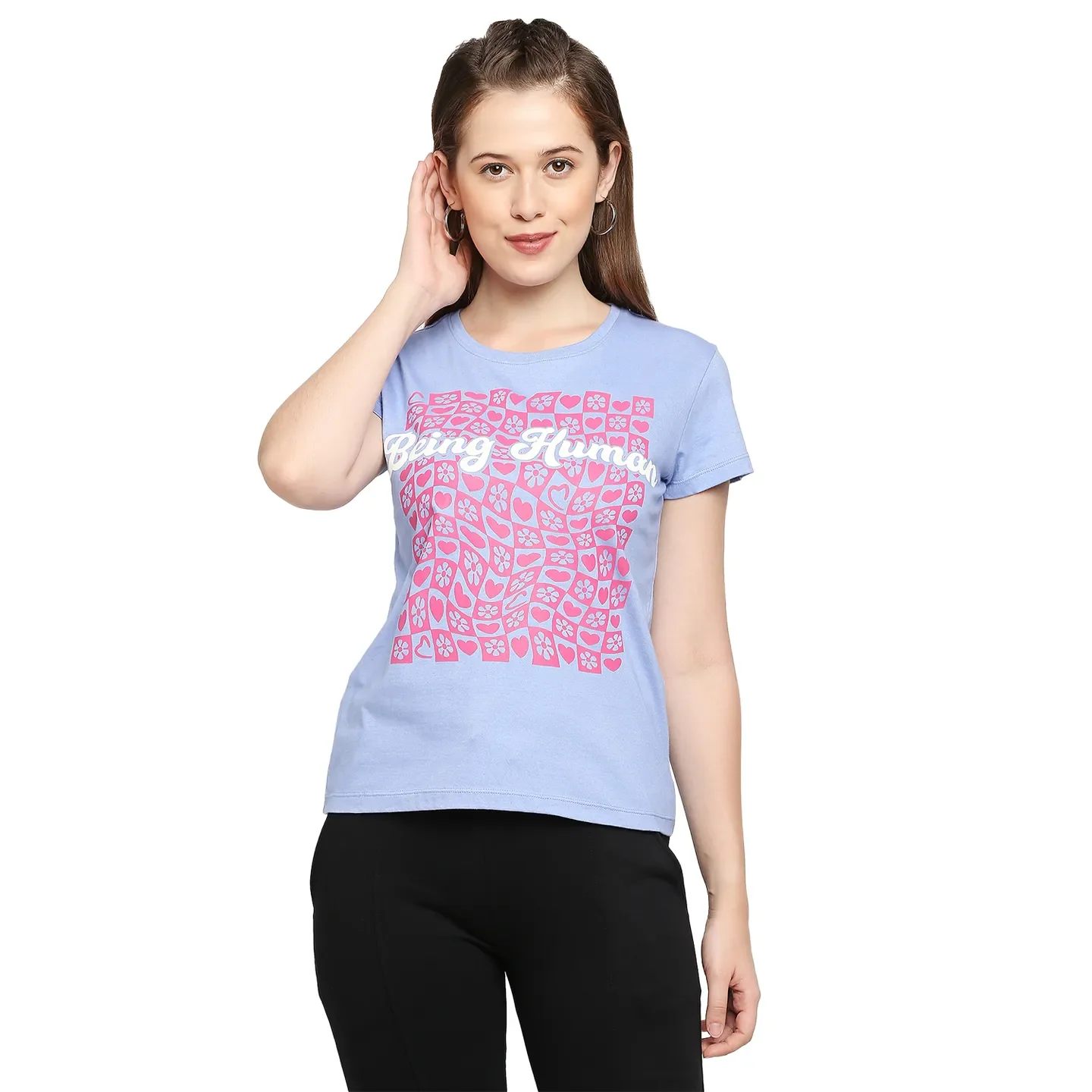 Blue Basic Fit Round Neck Short Sleeves Cotton Women's T-Shirt by Being Human Clothing