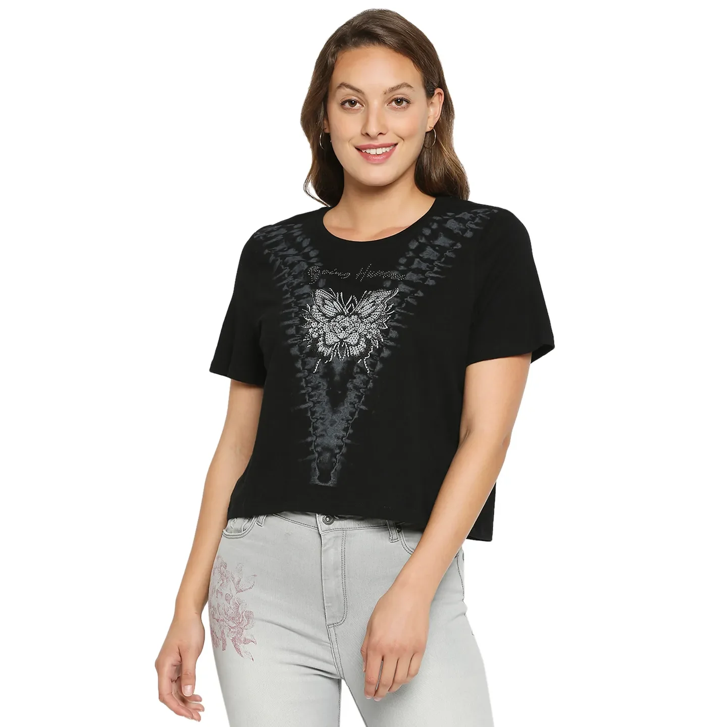 Black Basic Boxy Fit Round Neck Drop Shoulder Sleeves Cotton Women's T-Shirt by Being Human Clothing
