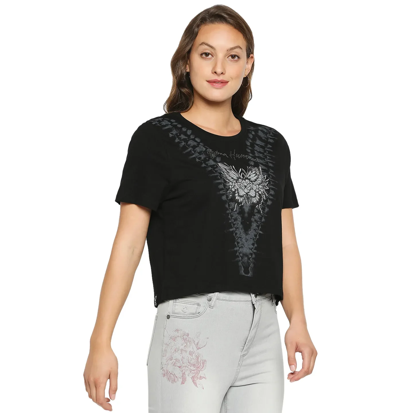 Black Basic Boxy Fit Round Neck Drop Shoulder Sleeves Cotton Women's T-Shirt by Being Human Clothing - Image 4