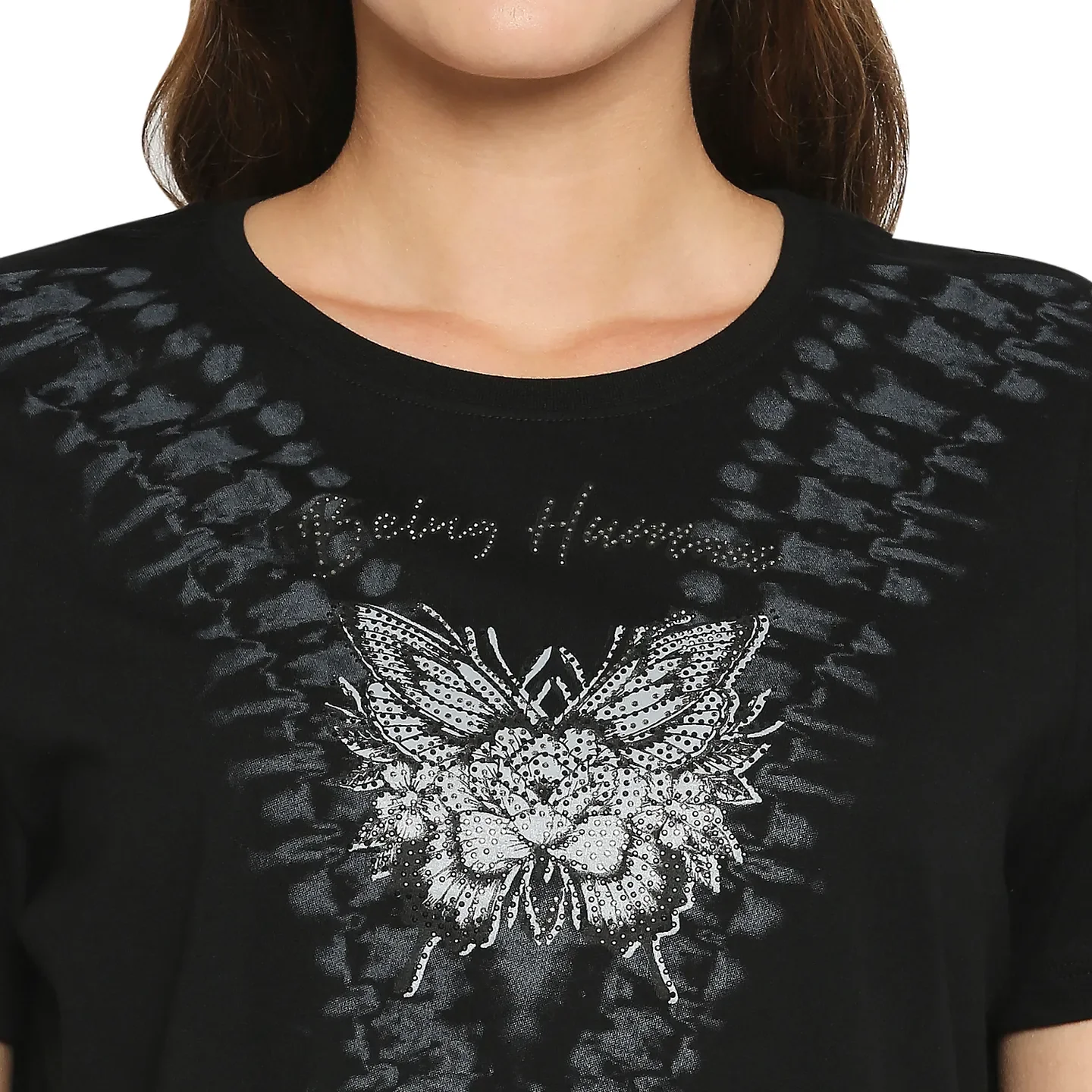 Black Basic Boxy Fit Round Neck Drop Shoulder Sleeves Cotton Women's T-Shirt by Being Human Clothing - Image 6
