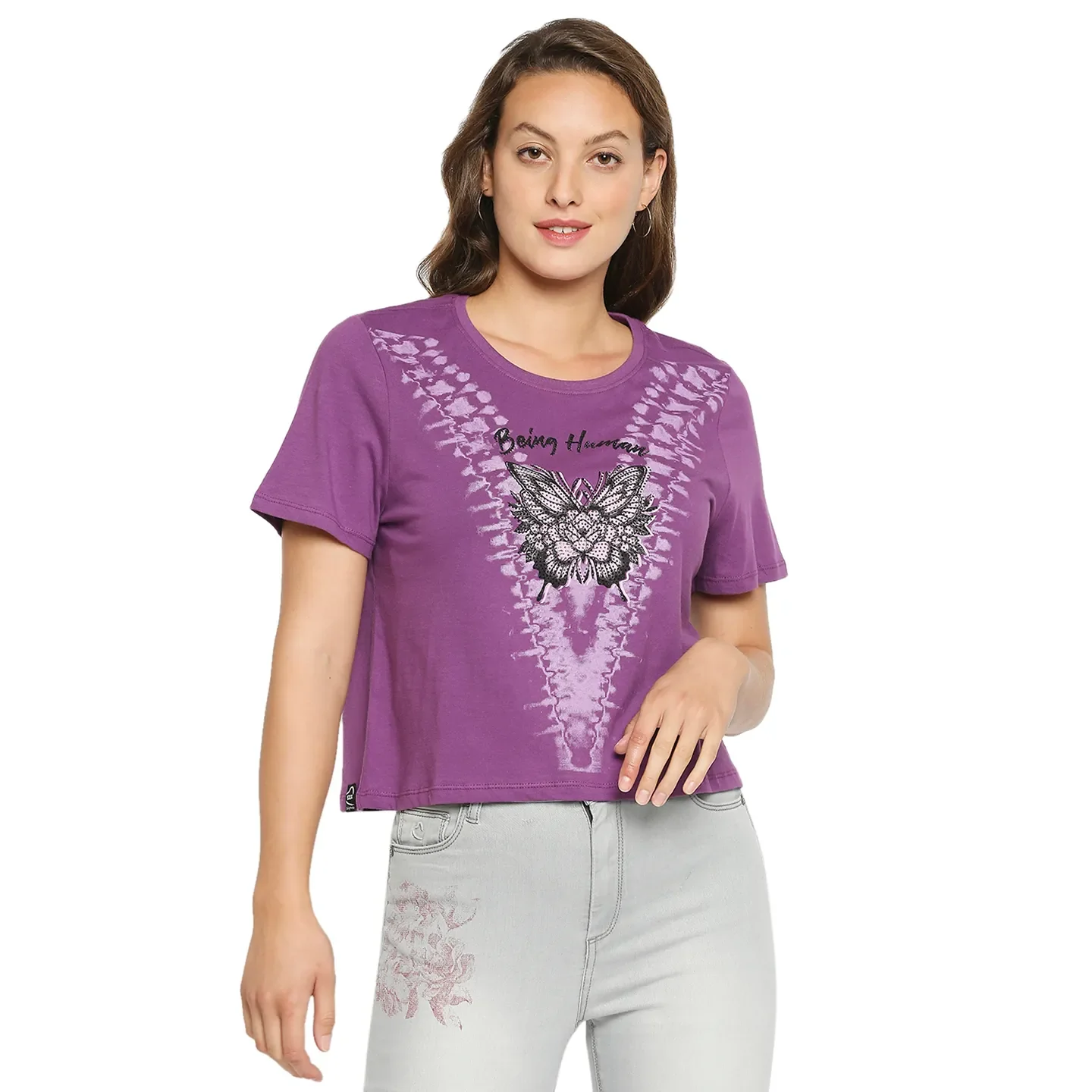 Purple Basic Boxy Fit Round Neck Drop Shoulder Sleeves Cotton Women's T-Shirt by Being Human Clothing