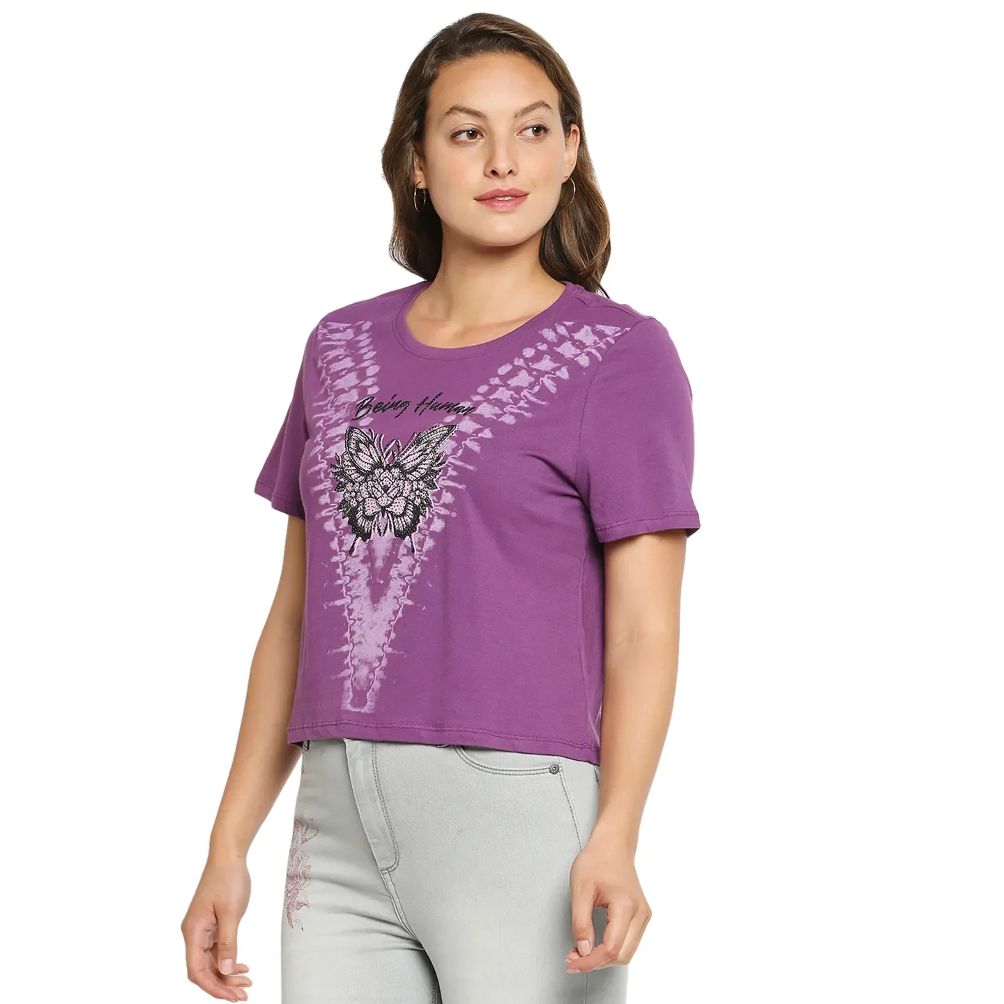 Purple Basic Boxy Fit Round Neck Drop Shoulder Sleeves Cotton Women's T-Shirt by Being Human Clothing - Image 2