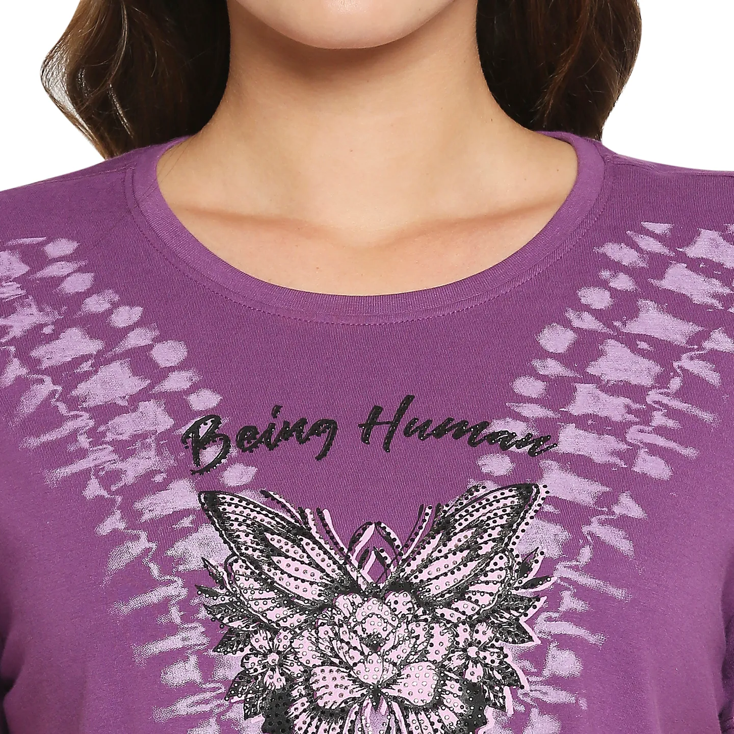 Purple Basic Boxy Fit Round Neck Drop Shoulder Sleeves Cotton Women's T-Shirt by Being Human Clothing - Image 6