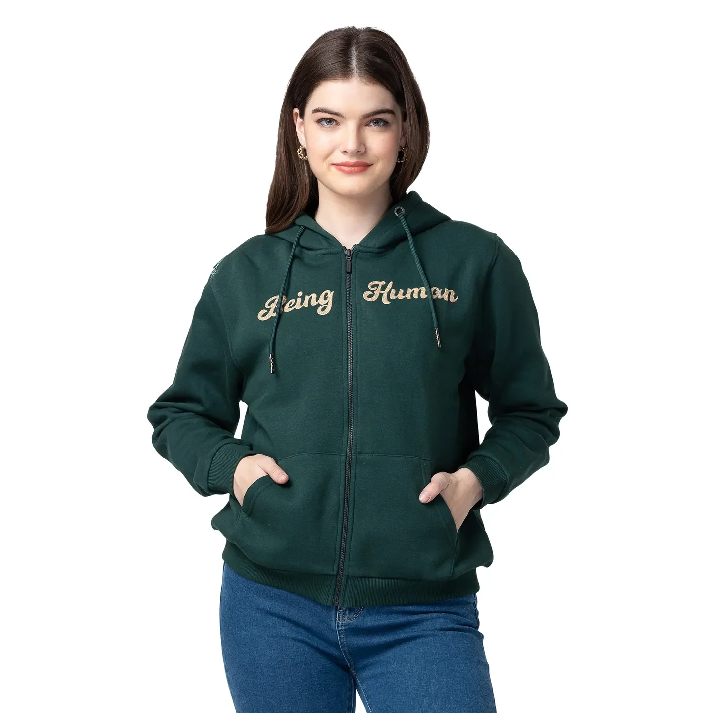 Dark Green Women's Cotton Blend Hoodie By Being Human Clothing