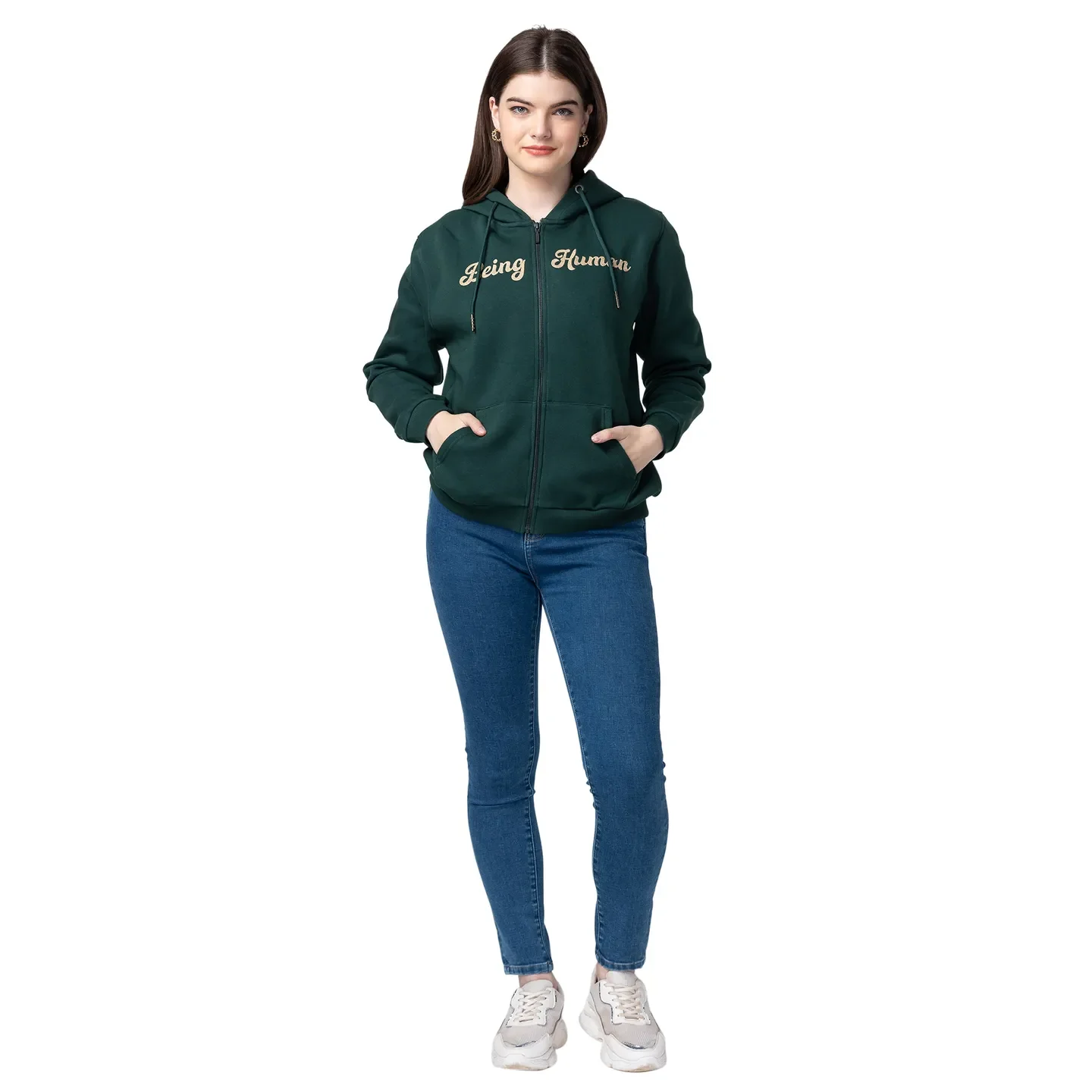 Dark Green Women's Cotton Blend Hoodie By Being Human Clothing - Image 5