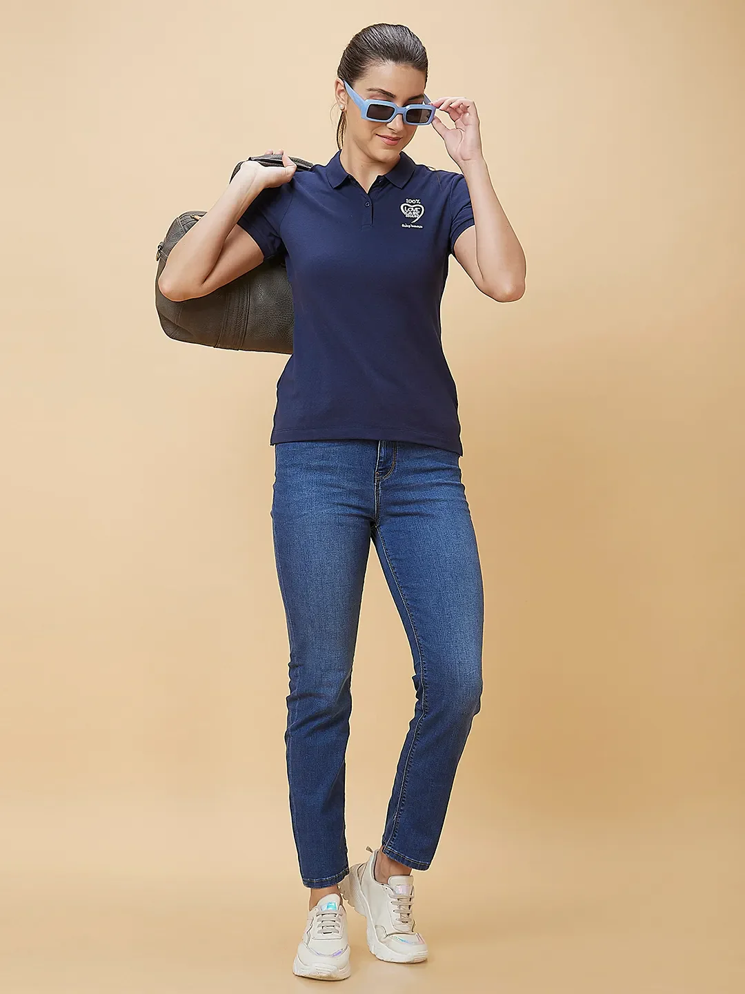 Navy Short Sleeve Women's Polo T-Shirt By Being Human Clothing - Image 6