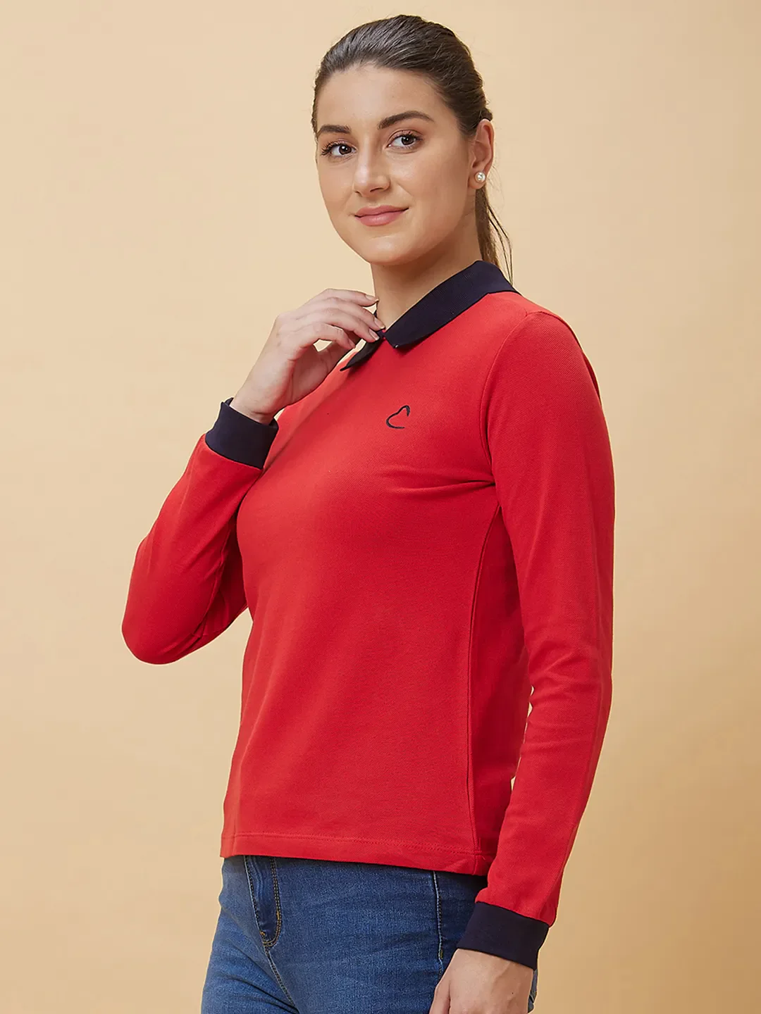 Red Long Sleeve Women's Polo T-Shirt By Being Human Clothing - Image 4