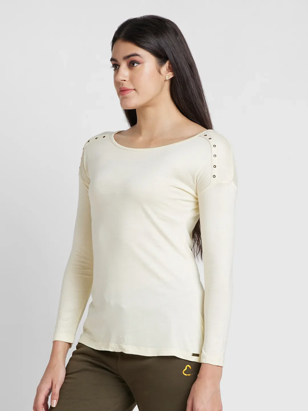Beige Regular Fit Round Neck Long Sleeves Viscose Women's T-Shirt by Being Human Clothing - Image 4