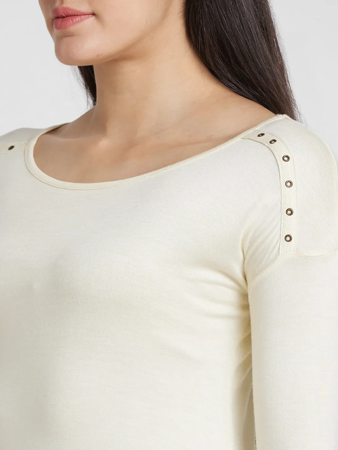 Beige Regular Fit Round Neck Long Sleeves Viscose Women's T-Shirt by Being Human Clothing - Image 5