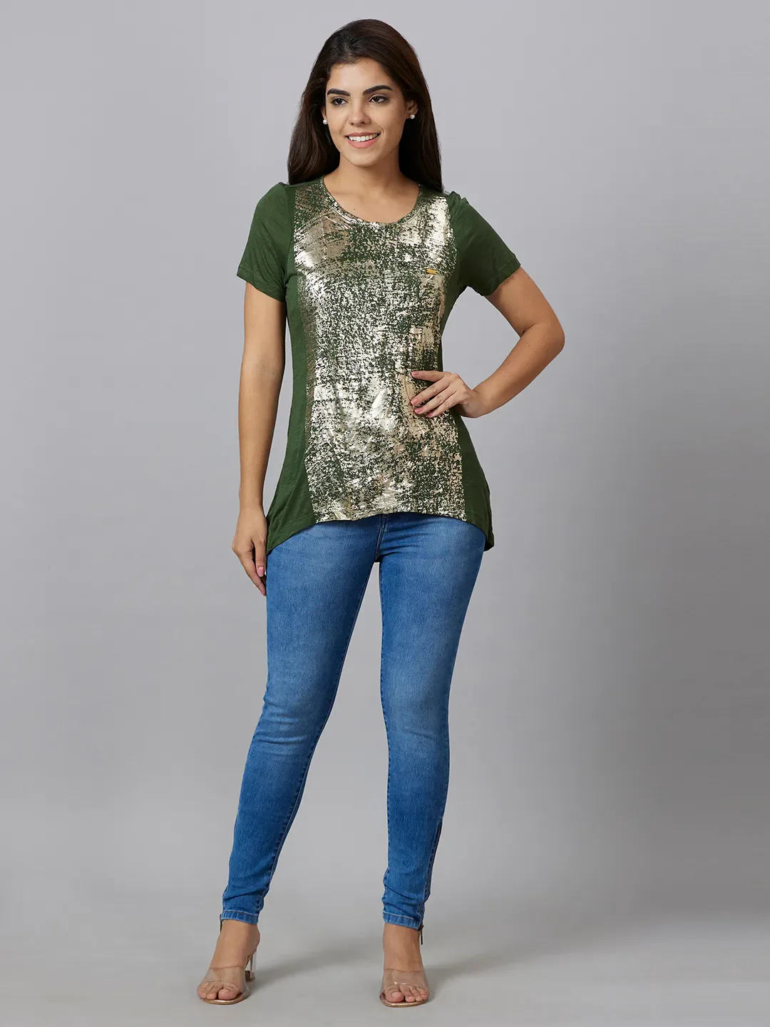 Green Basic Fit Round Neck Short Sleeves Viscose Women's T-Shirt by Being Human Clothing - Image 2
