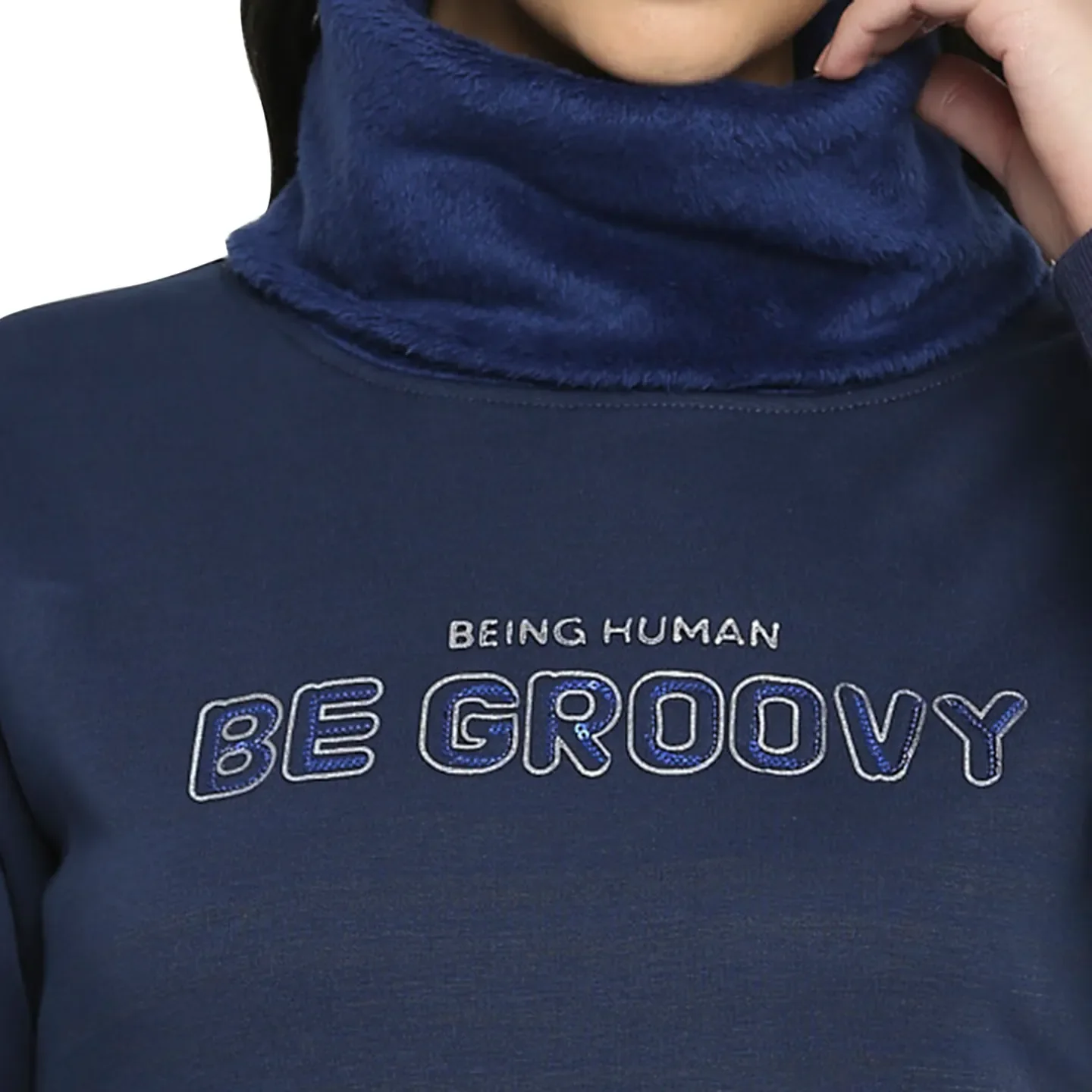 Blue Regular Fit Cowl Neck Long Sleeves Women's Sweatshirt by Being Human Clothing - Image 5