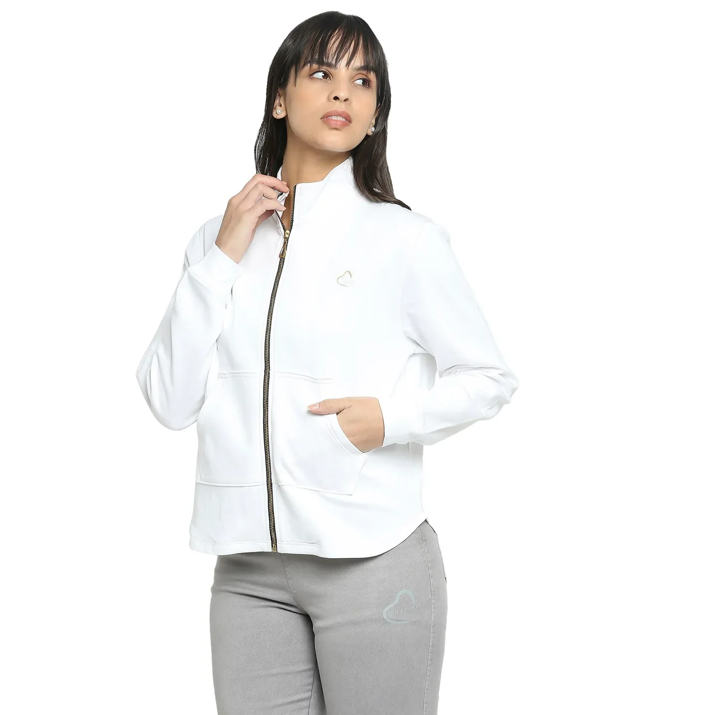 White Regular Fit High Neck Long Sleeves Women's Sweatshirt by Being Human Clothing - Image 2