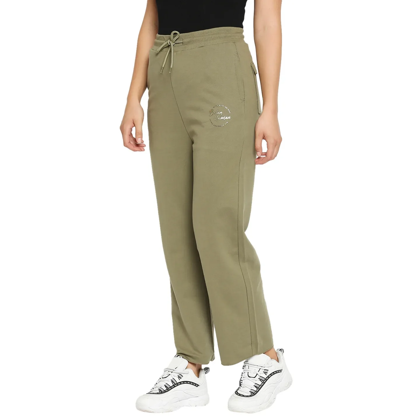 Olive Mid Rise Regular Fit Cotton Women's Track Pants by Being Human Clothing - Image 3