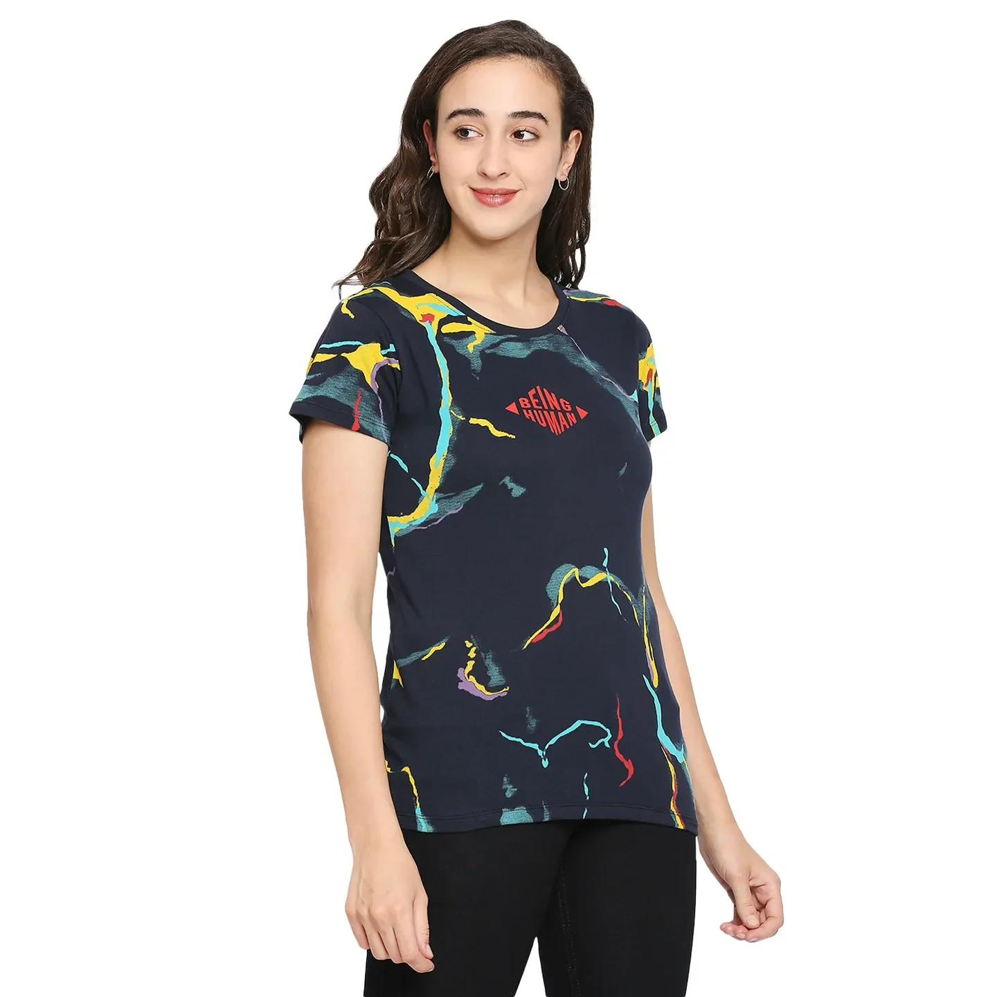 Blue Relax Fit Round Neck Short Sleeves Cotton Women's T-Shirt by Being Human Clothing - Image 3