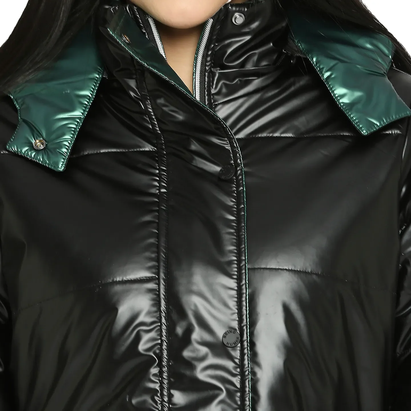 Dark Green Reversible Regular Fit Long Sleeve Women's Puffer Jacket By Being Human Clothing - Image 5