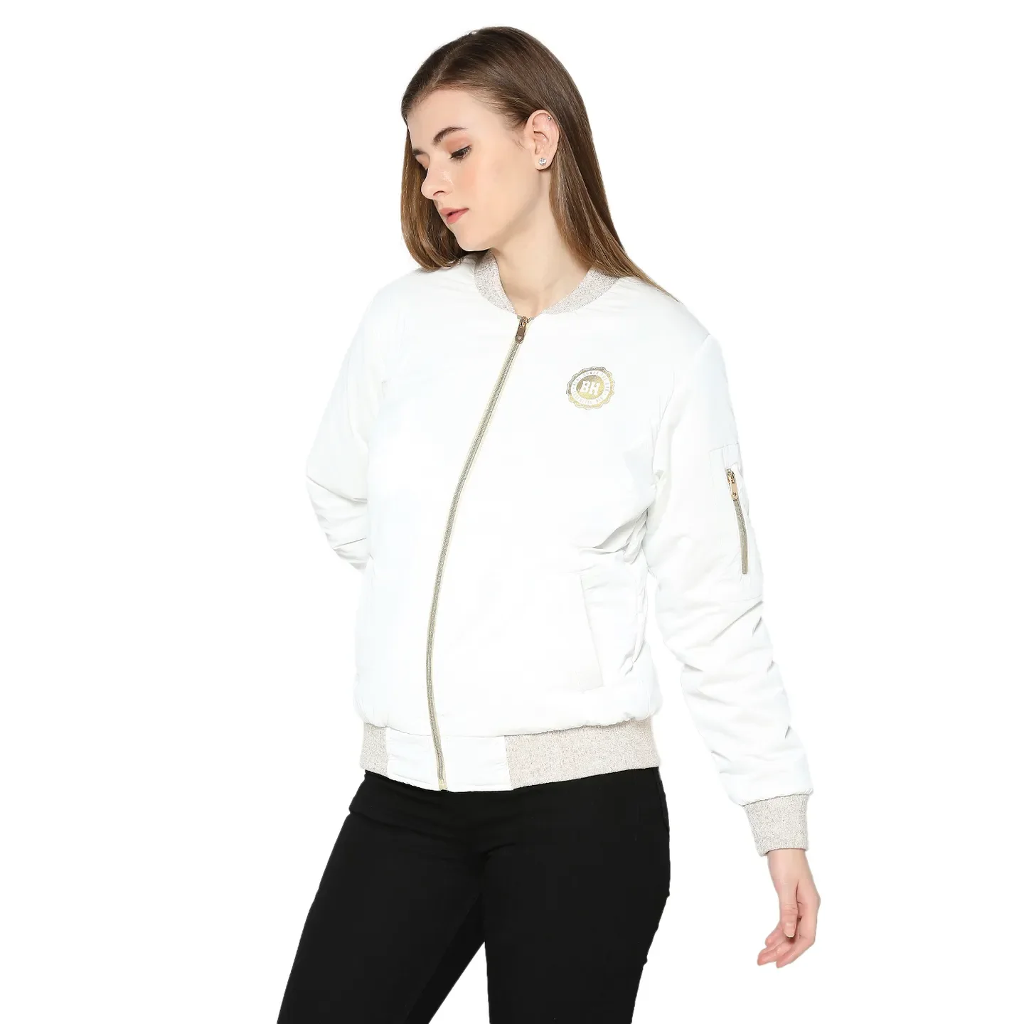 White Semi Fit High Neck Long Sleeves Women's Jacket by Being Human Clothing - Image 2