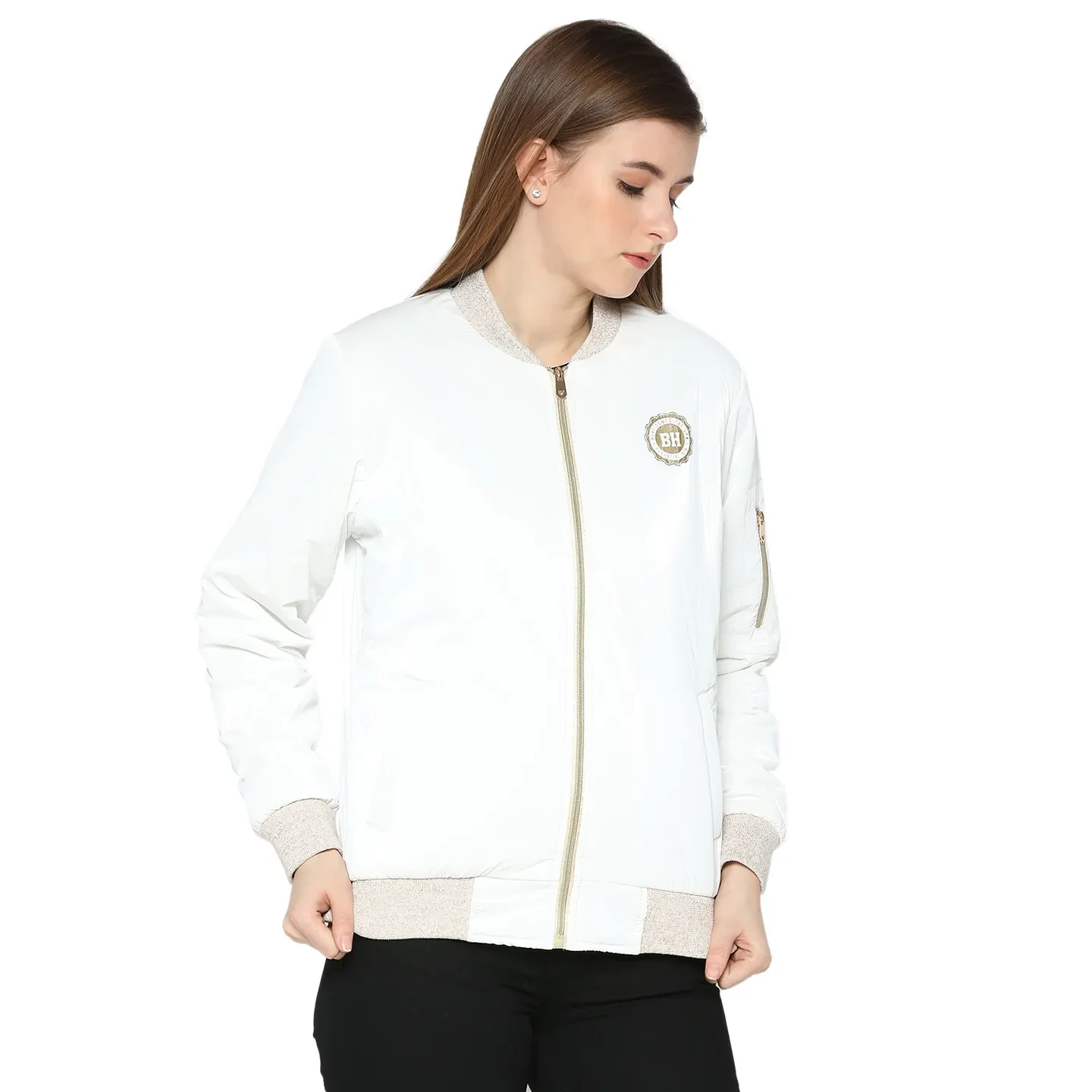 White Semi Fit High Neck Long Sleeves Women's Jacket by Being Human Clothing - Image 3