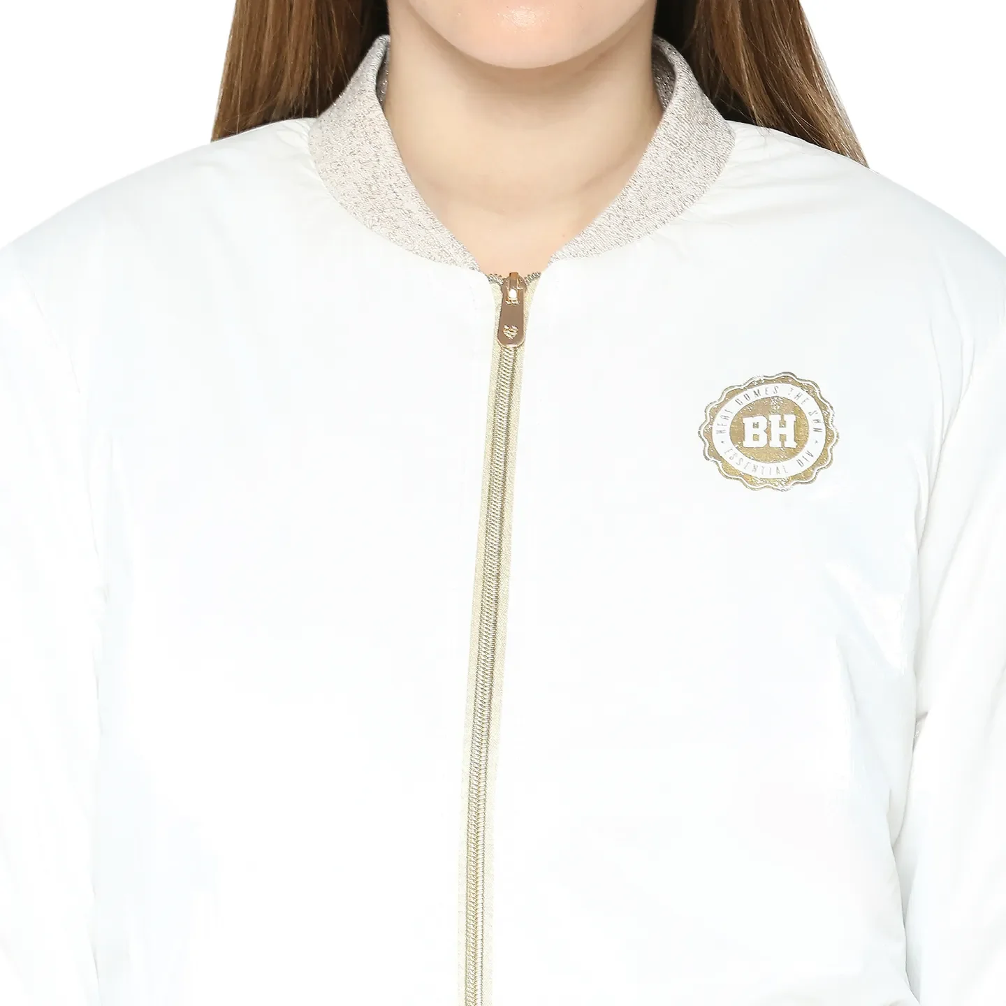 White Semi Fit High Neck Long Sleeves Women's Jacket by Being Human Clothing - Image 5