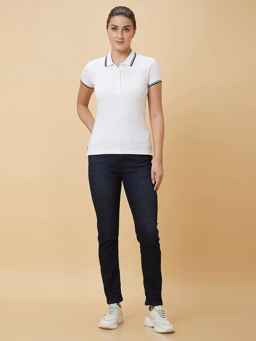 White Semi Fit Polo Collar Short Sleeves Cotton Women's T-Shirt by Being Human Clothing - Image 2