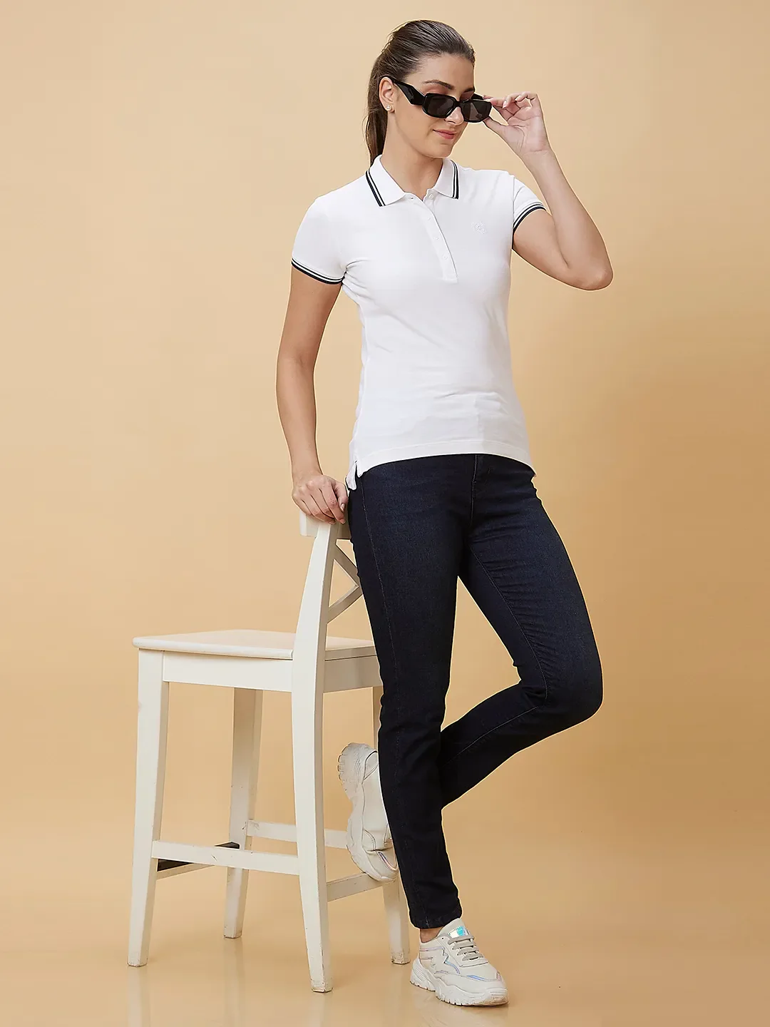 White Semi Fit Polo Collar Short Sleeves Cotton Women's T-Shirt by Being Human Clothing - Image 6