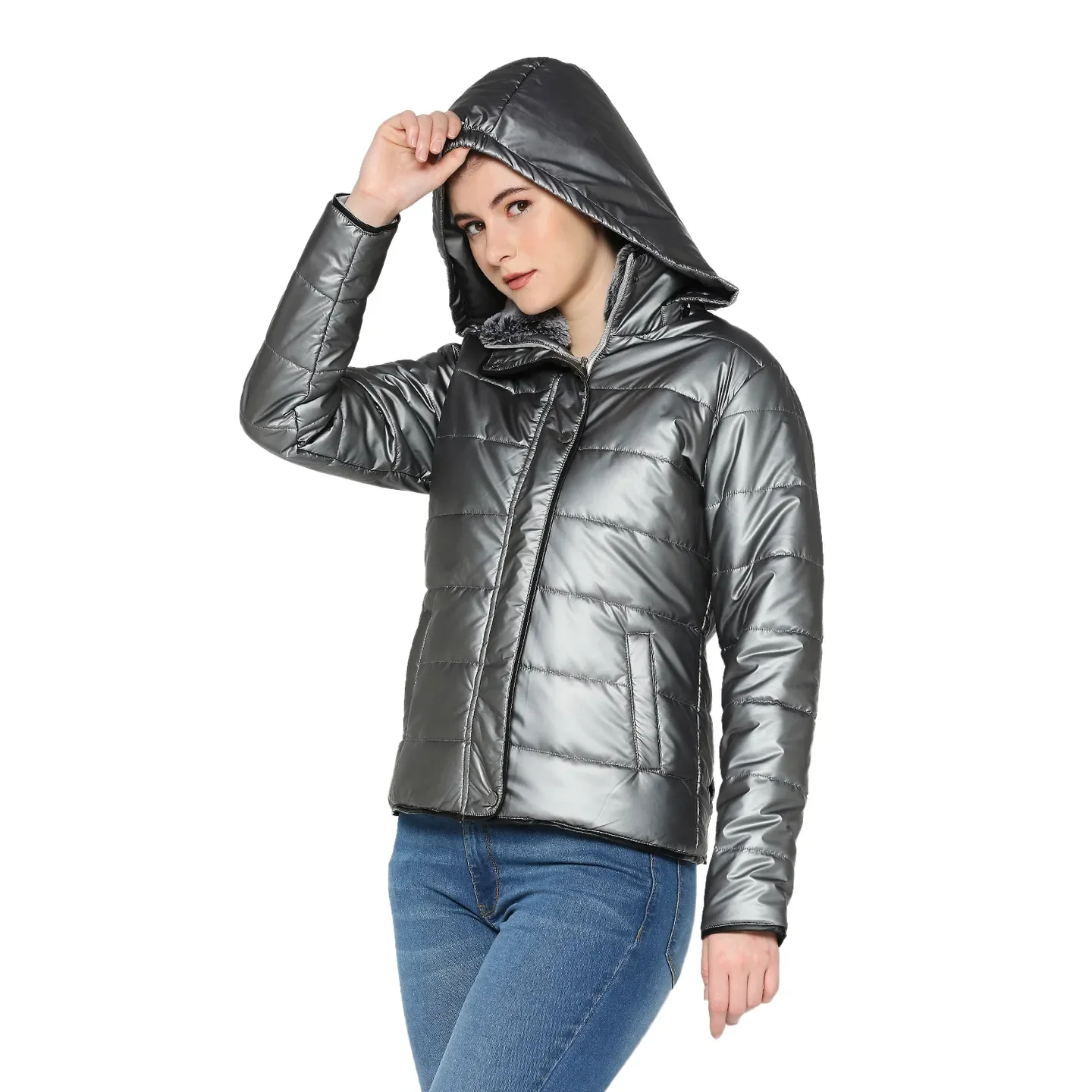 Grey Semi Fit High Neck Long Sleeves Women's Jacket by Being Human Clothing - Image 2