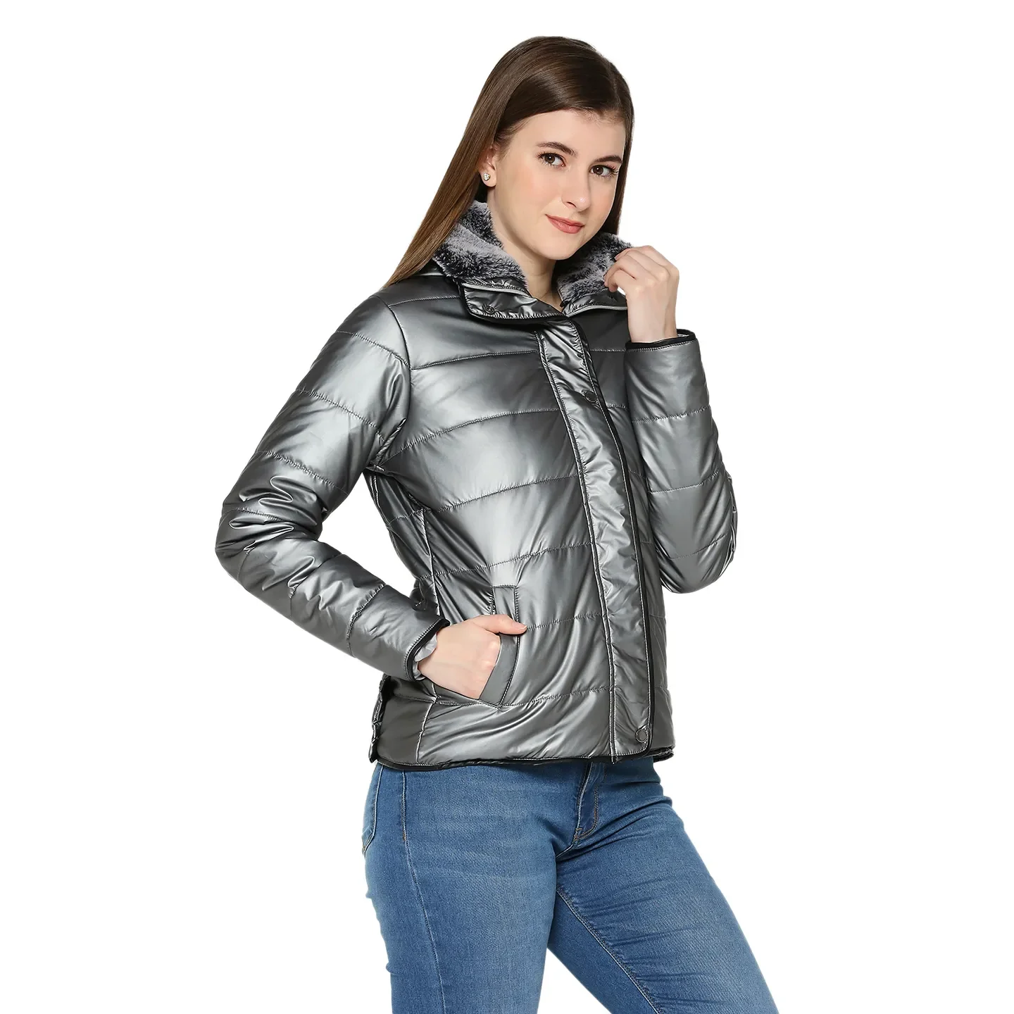 Grey Semi Fit High Neck Long Sleeves Women's Jacket by Being Human Clothing - Image 3