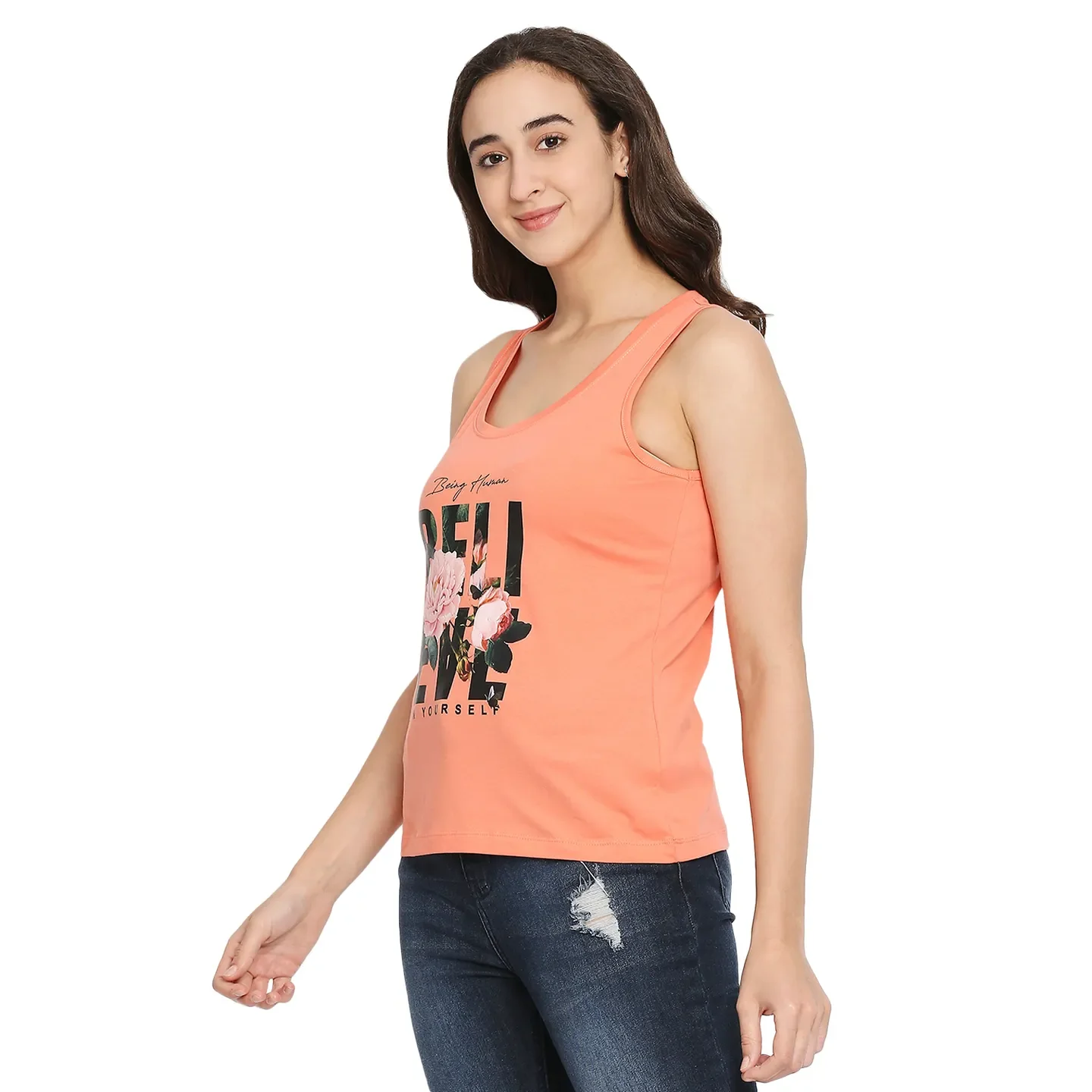 Peach Semi Fit Women's Cotton Tank Top By Being Human Clothing - Image 2