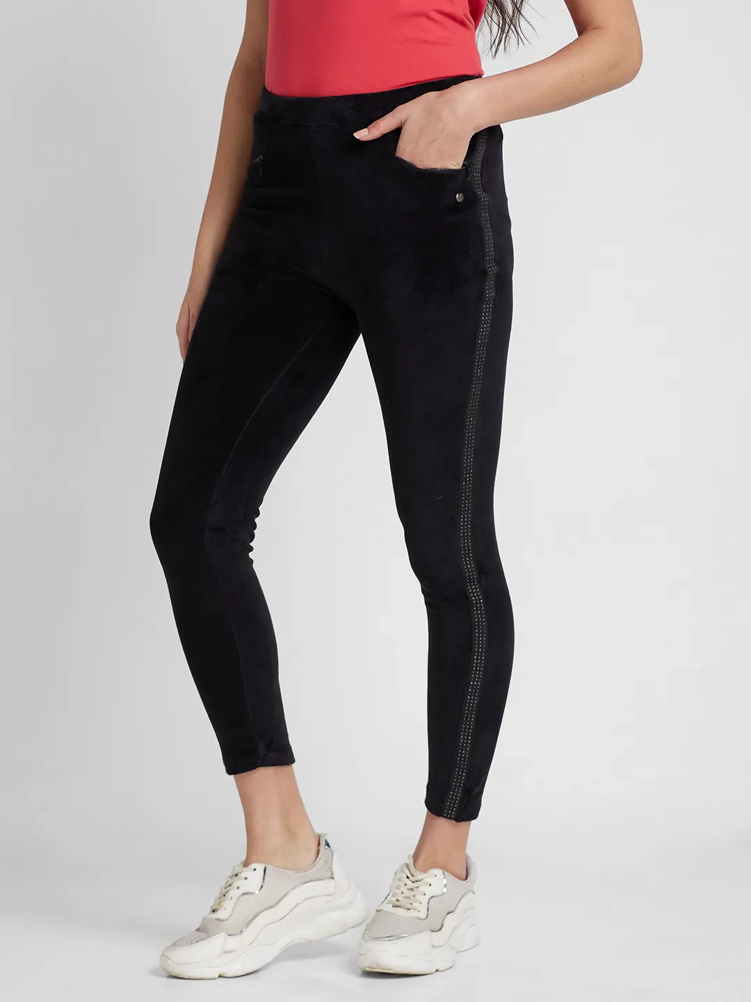 Black Slim Fit Women's Cotton Blend Leggings By Being Human Clothing - Image 4