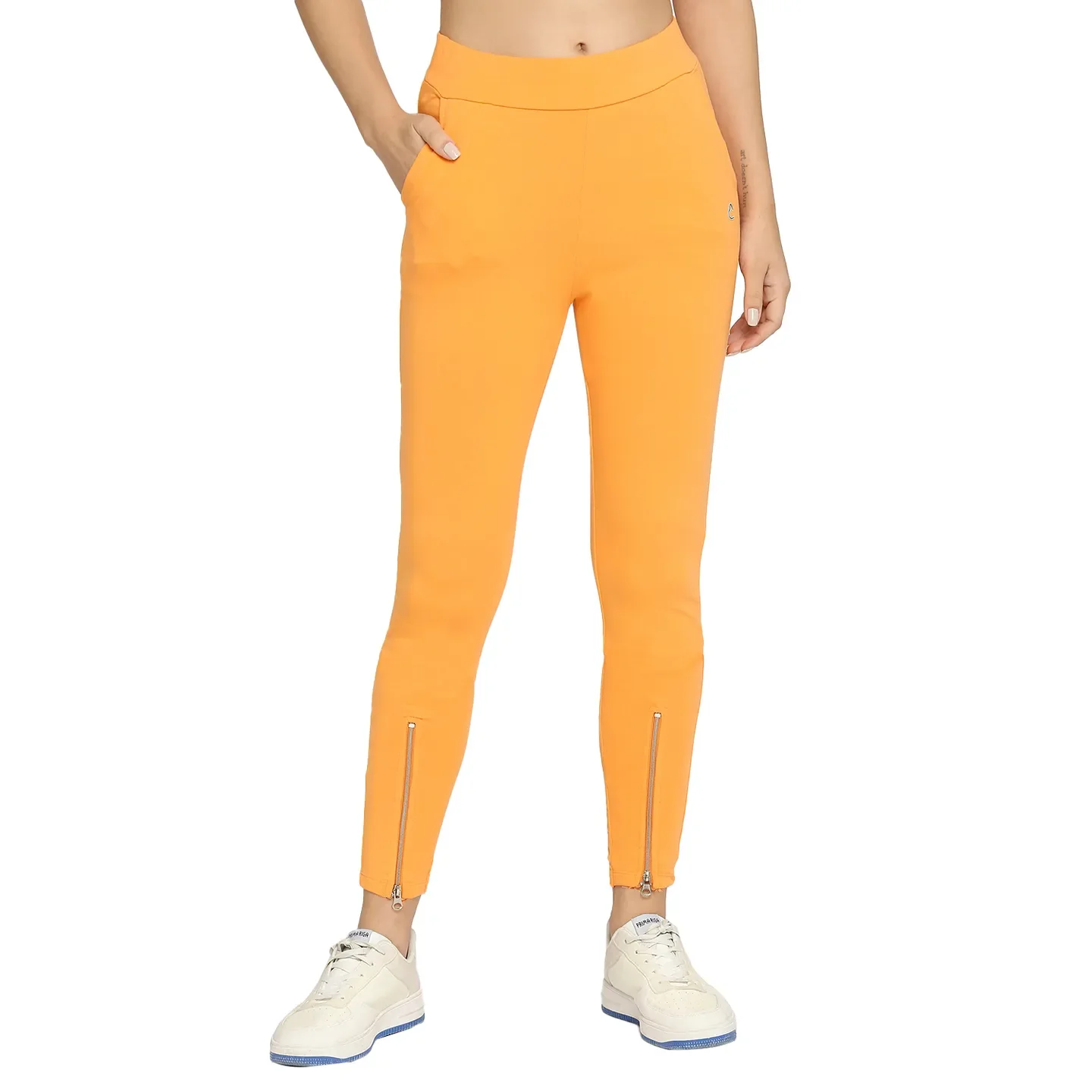 Orange Slim Fit Women's Cotton Leggings By Being Human Clothing