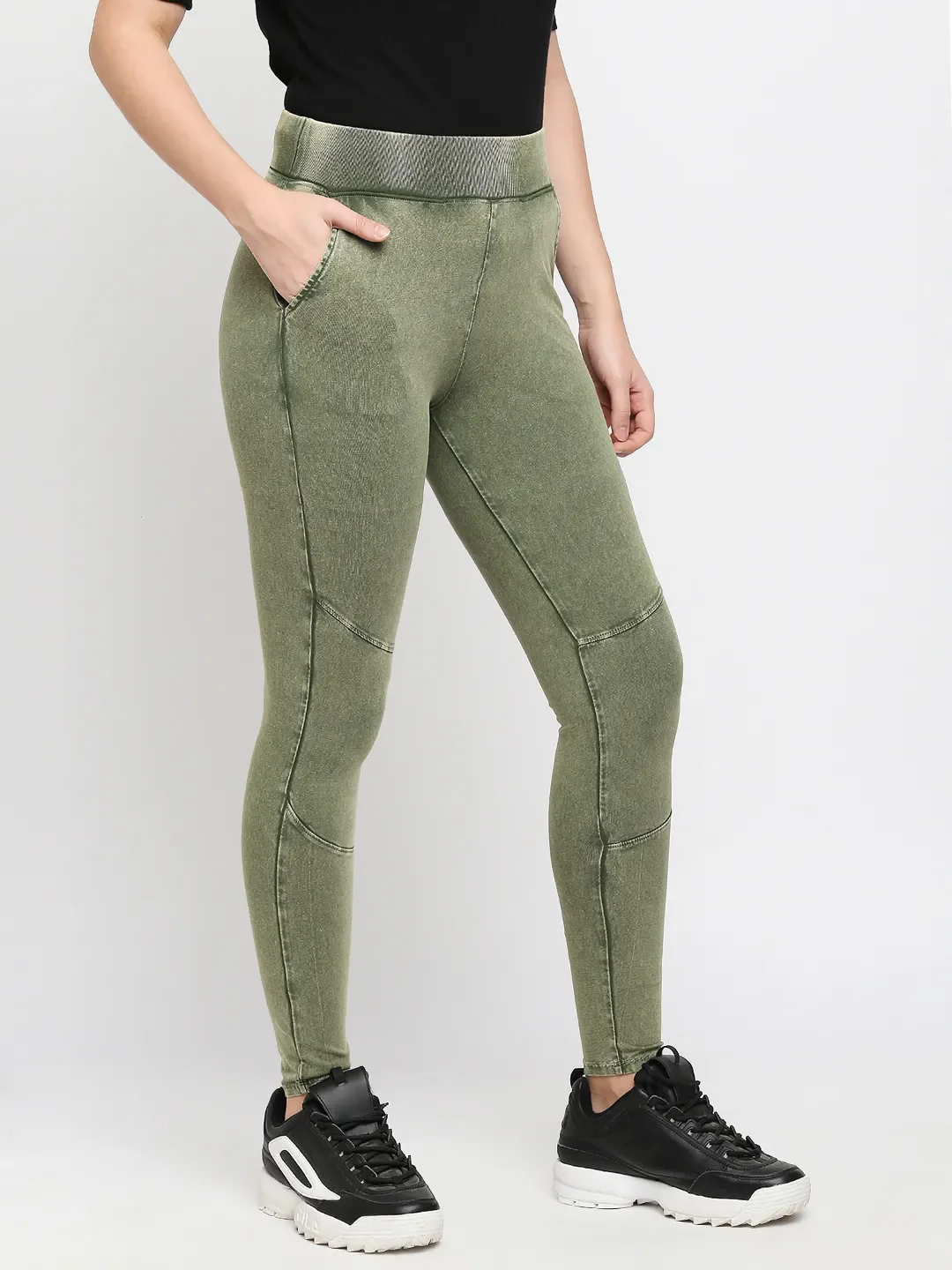 Olive Slim Fit Women's Cotton Leggings By Being Human Clothing - Image 3